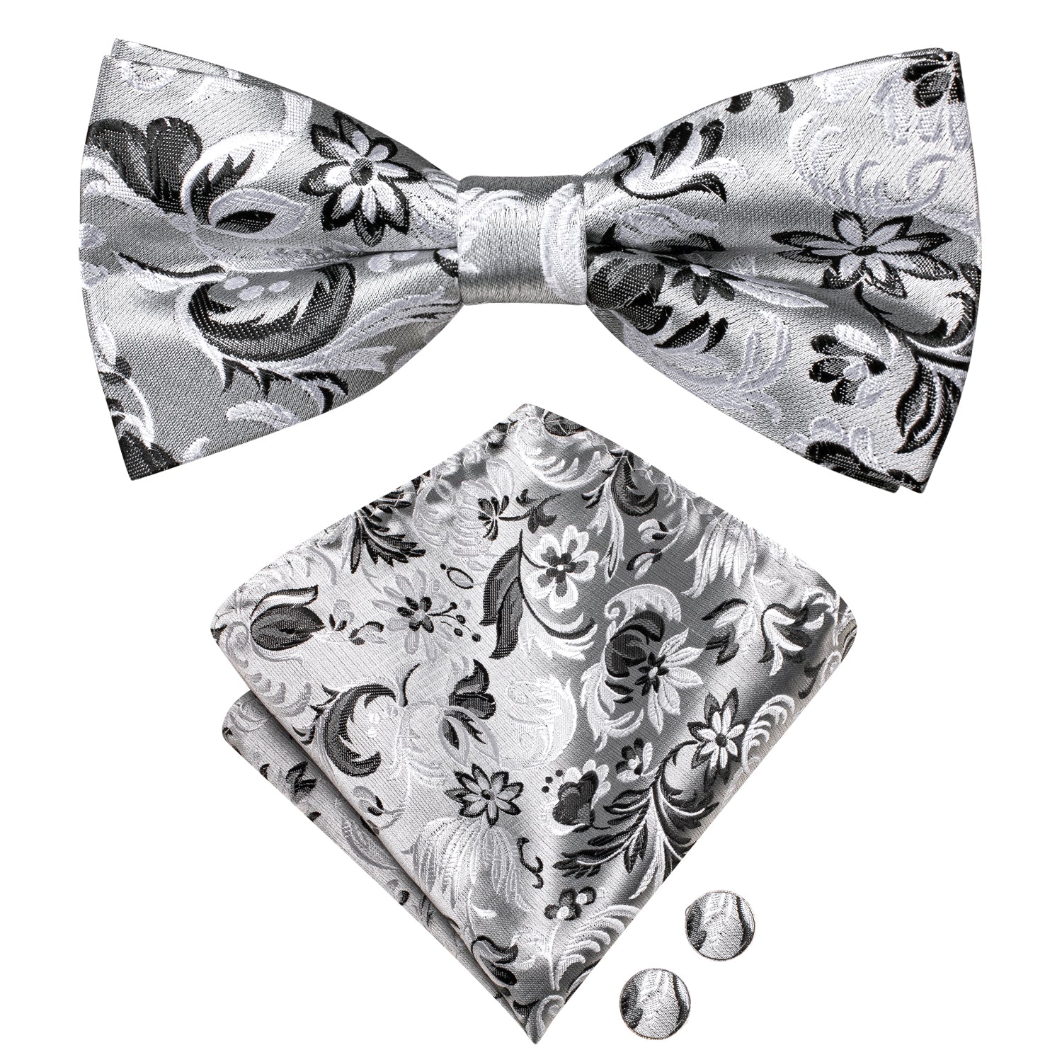 White Grey Floral Silk Pre-tied Bow Tie Hanky Cufflinks Set