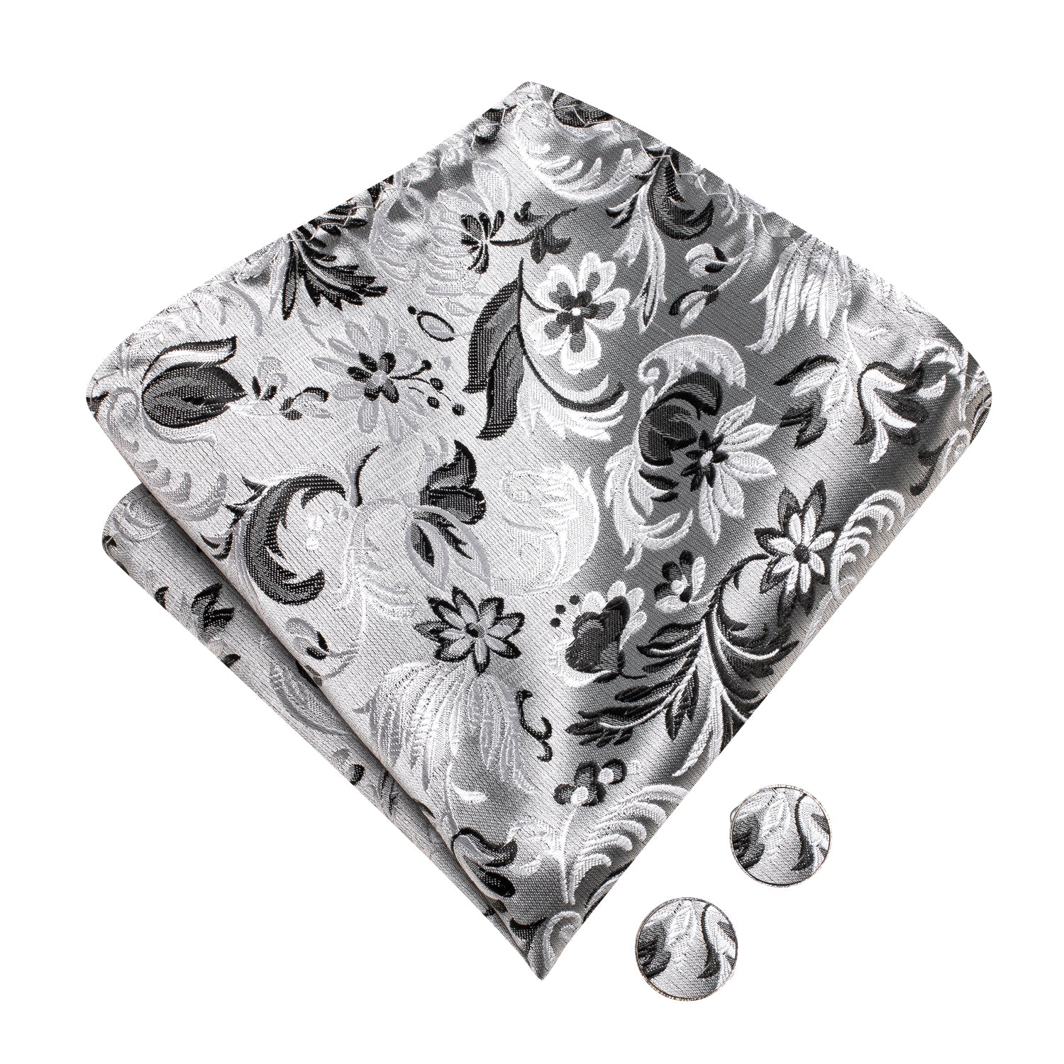 White Grey Floral Silk Pre-tied Bow Tie Hanky Cufflinks Set