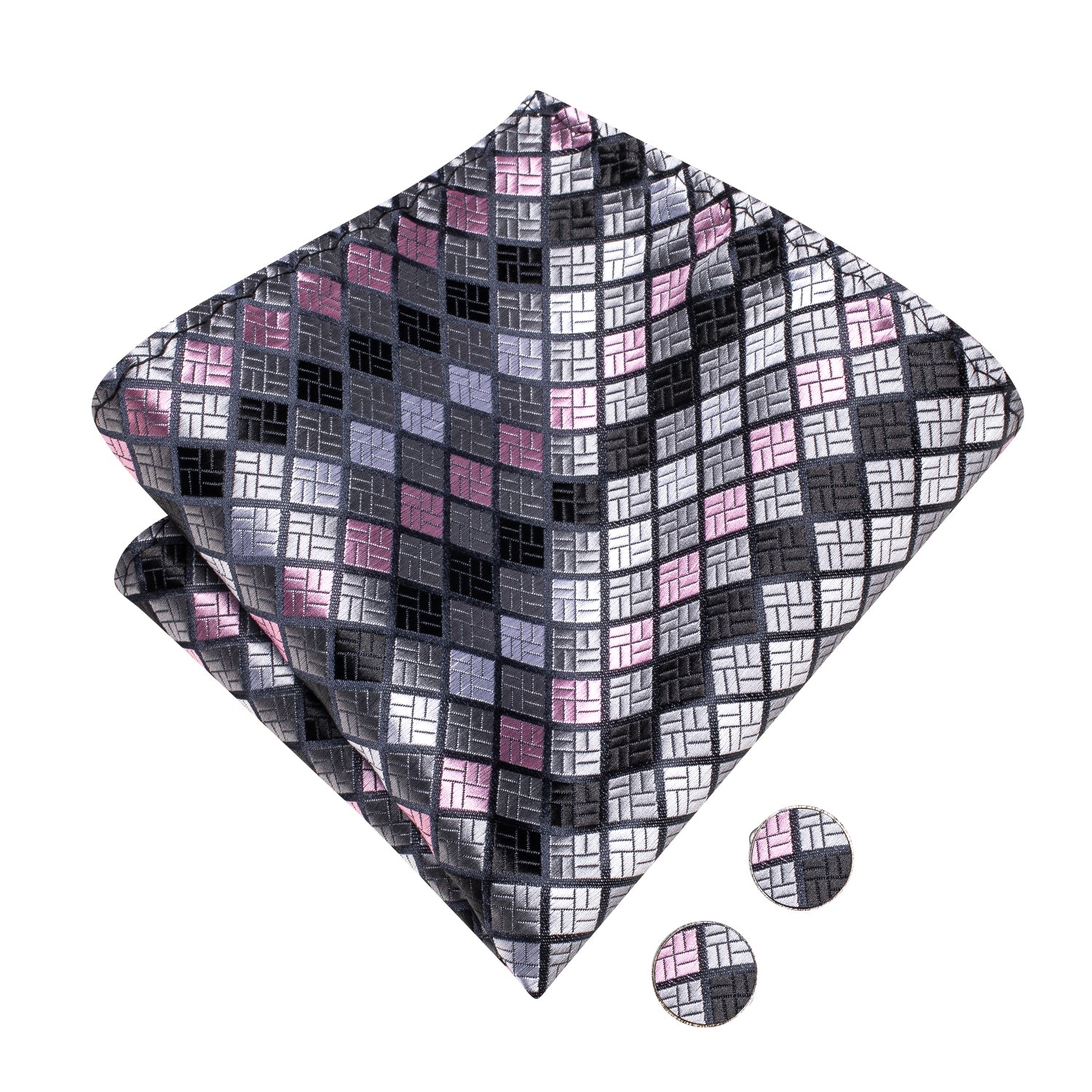 Grey Pink Plaid Silk Pre-tied Bow Tie Hanky Cufflinks Set