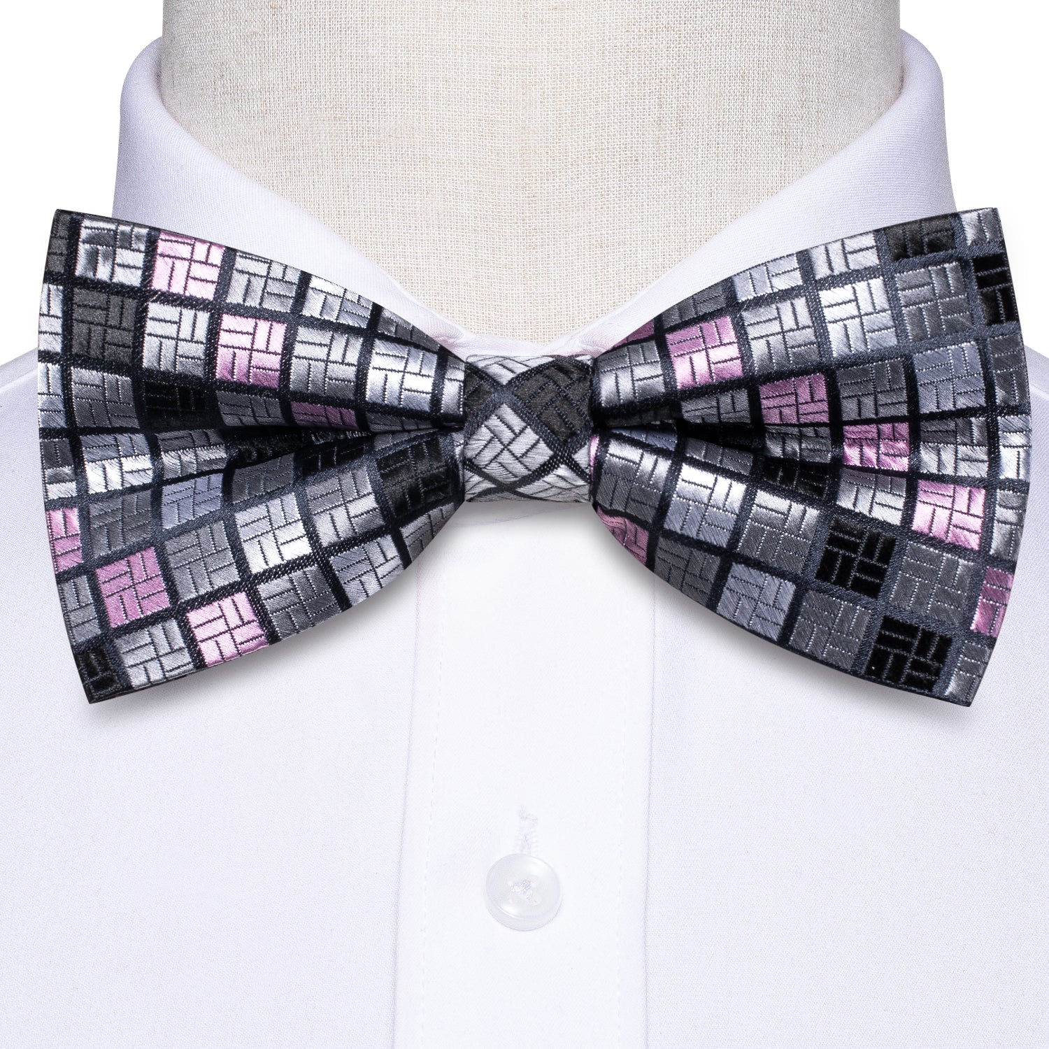 Grey Pink Plaid Silk Pre-tied Bow Tie Hanky Cufflinks Set