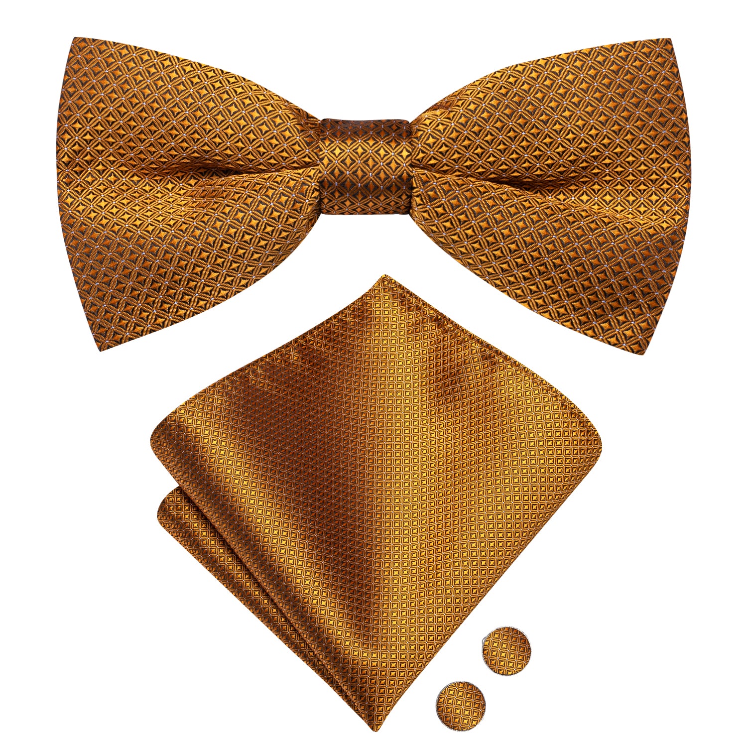Golden Black Plaid Silk Pre-tied Bow Tie Hanky Cufflinks Set