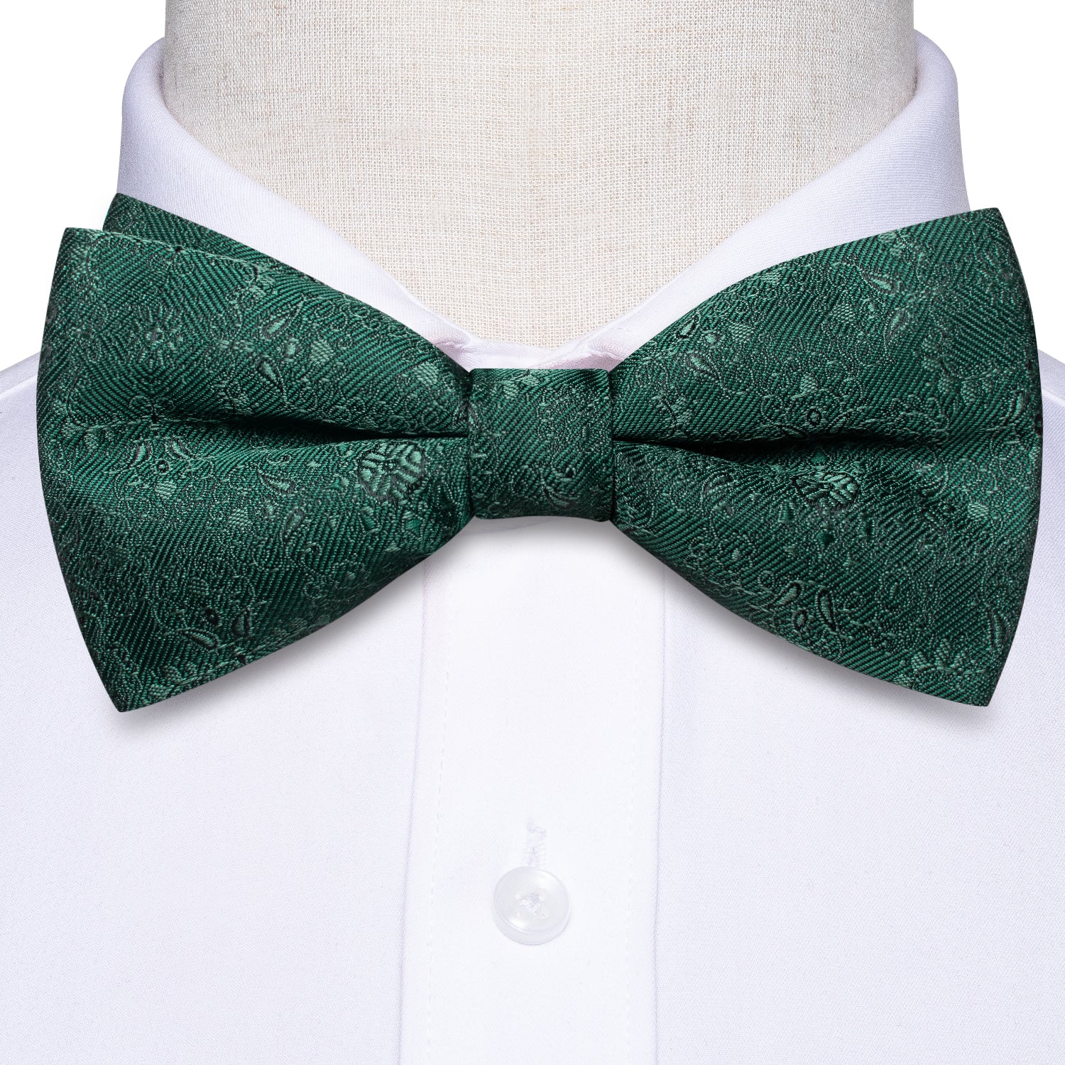 Deep Green Floral Silk Pre-tied Bow Tie Hanky Cufflinks Set