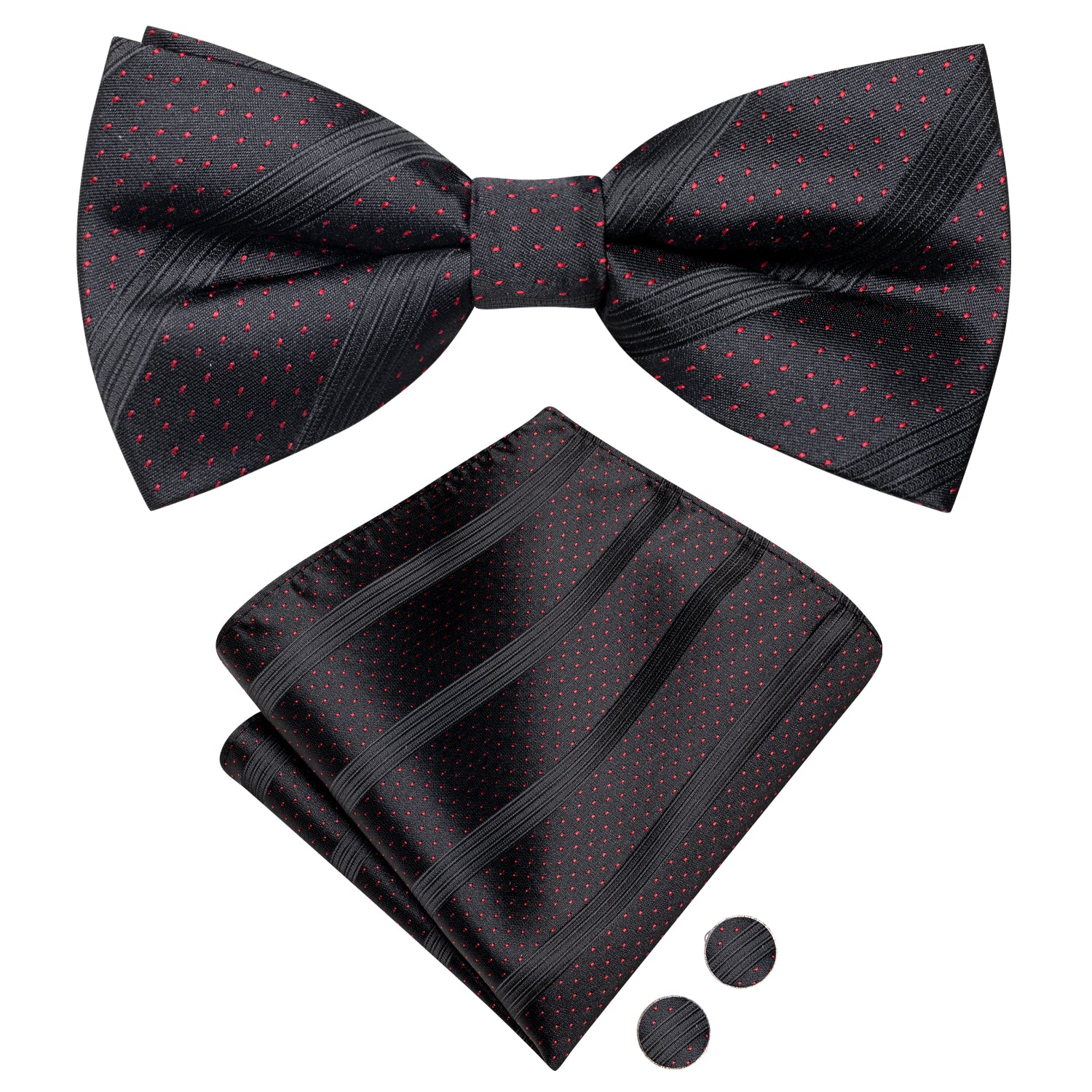 Black Strip with Red Dot Silk Pre-tied Bow Tie Hanky Cufflinks Set