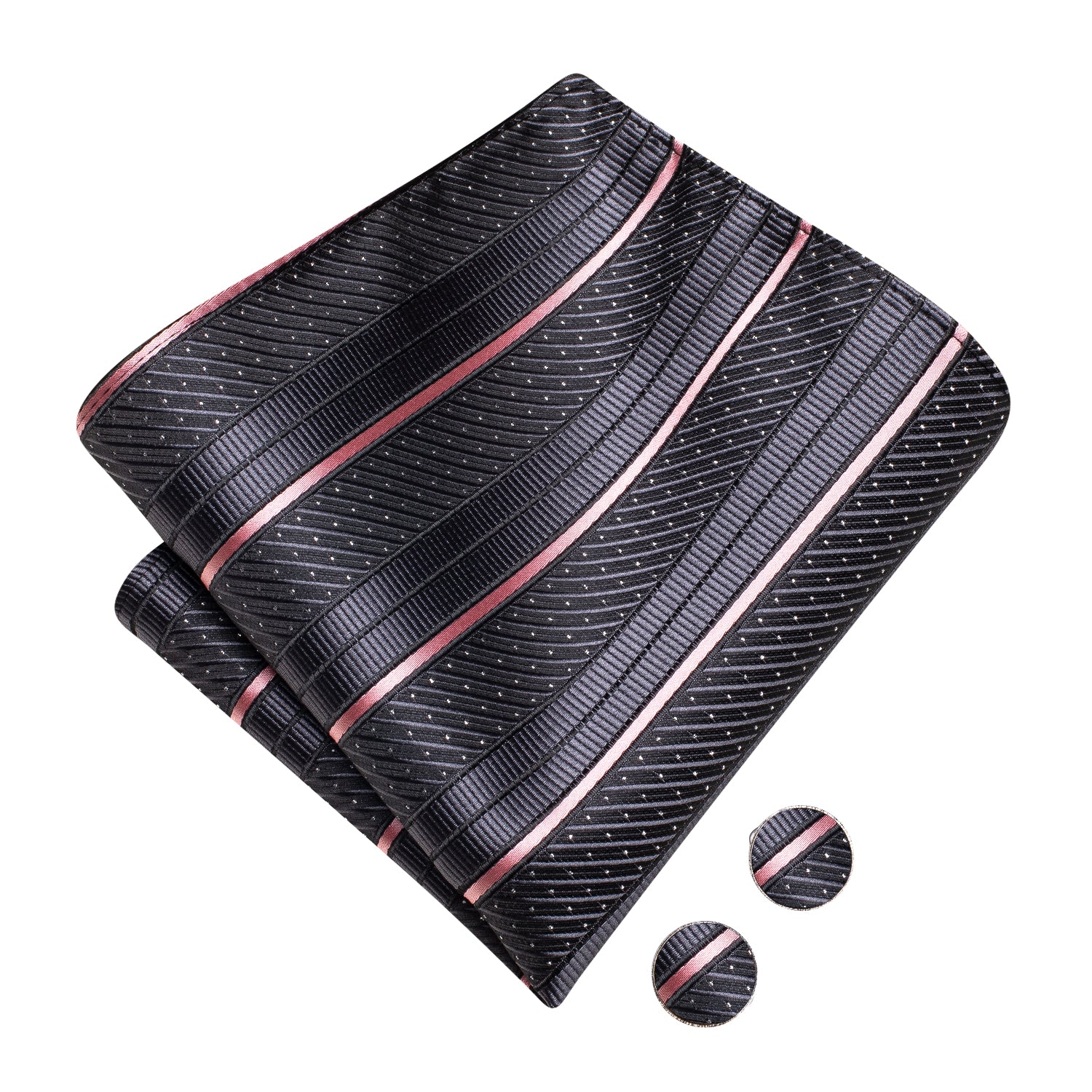 Black Pink Strip Silk Pre-tied Bow Tie Hanky Cufflinks Set