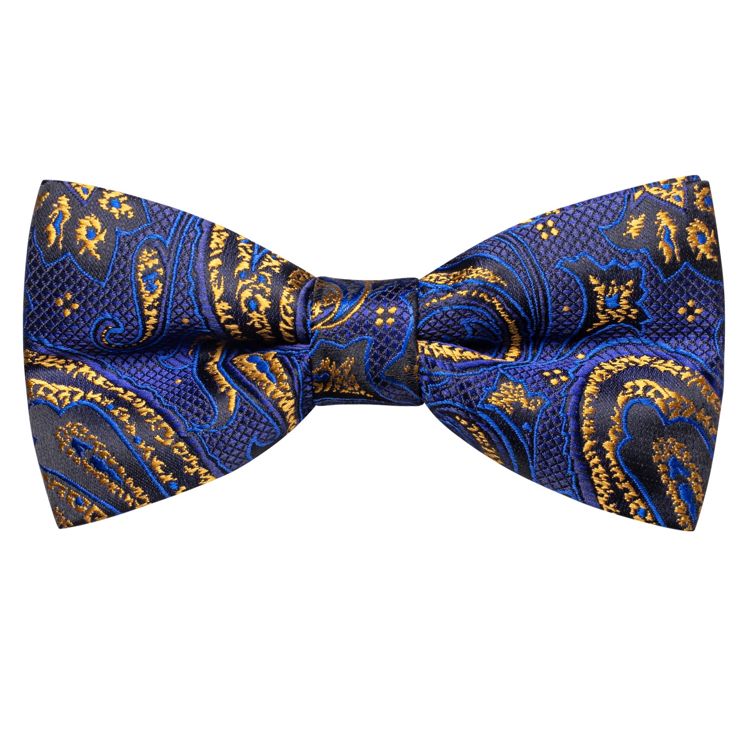 Blue Golden Paisley Silk Pre-tied Bow Tie Hanky Cufflinks Set