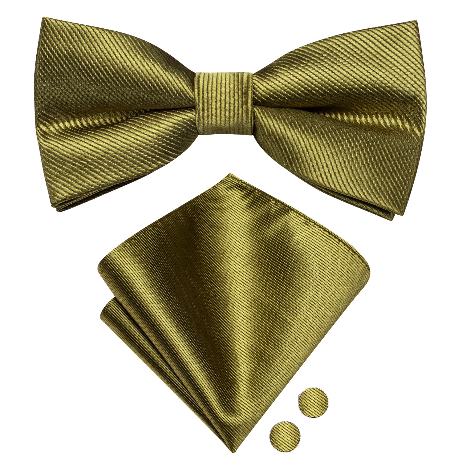 Olive Green Solid Silk Pre-tied Bow Tie Hanky Cufflinks Set