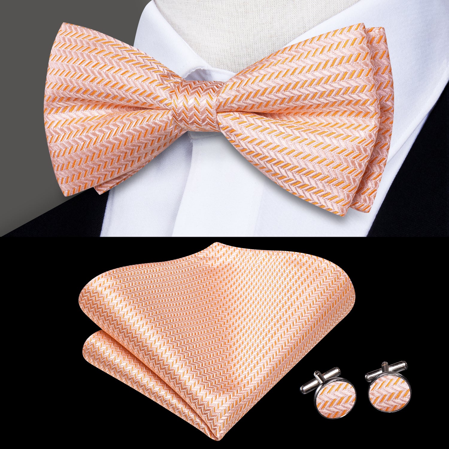 Coral Pink Orange Strip Silk Pre-tied Bow Tie Hanky Cufflinks Set