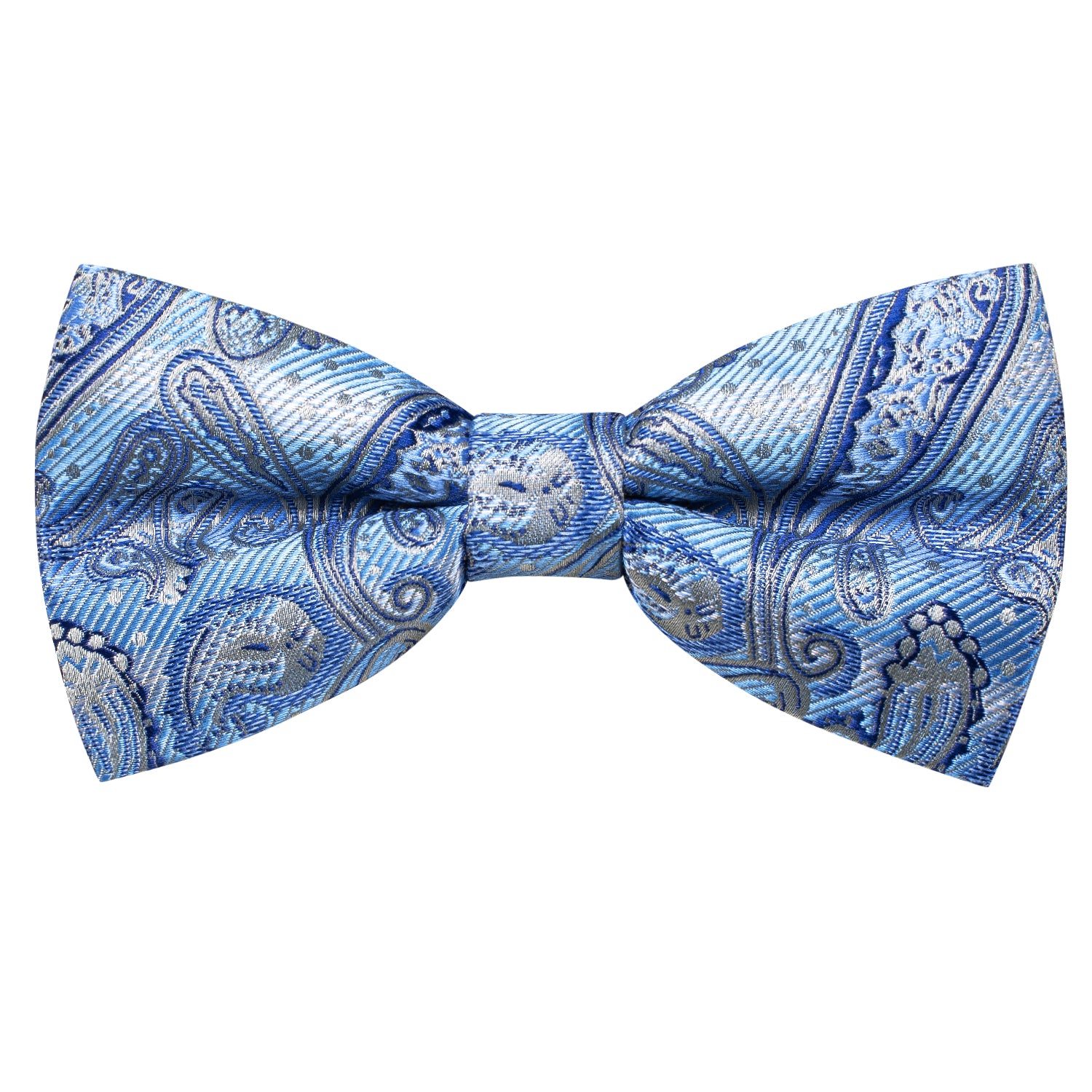 Blue Sliver Paisley Silk Pre-tied Bow Tie Hanky Cufflinks Set