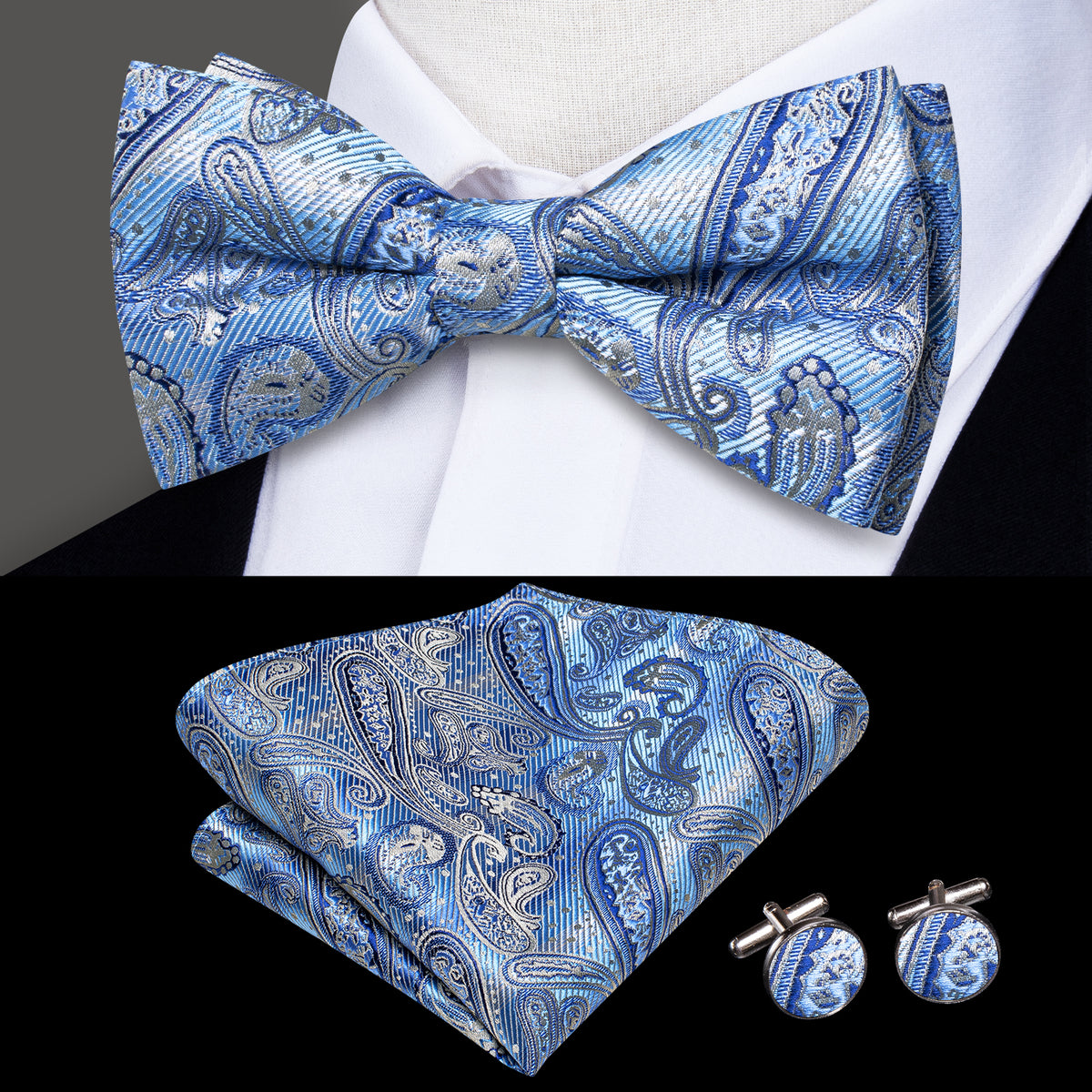 HOULIFE Men's Formal Satin Bow Tie Set - Pre-Tied Bowtie, Pocket Square & Cufflinks For Weddings (Haze Blue)