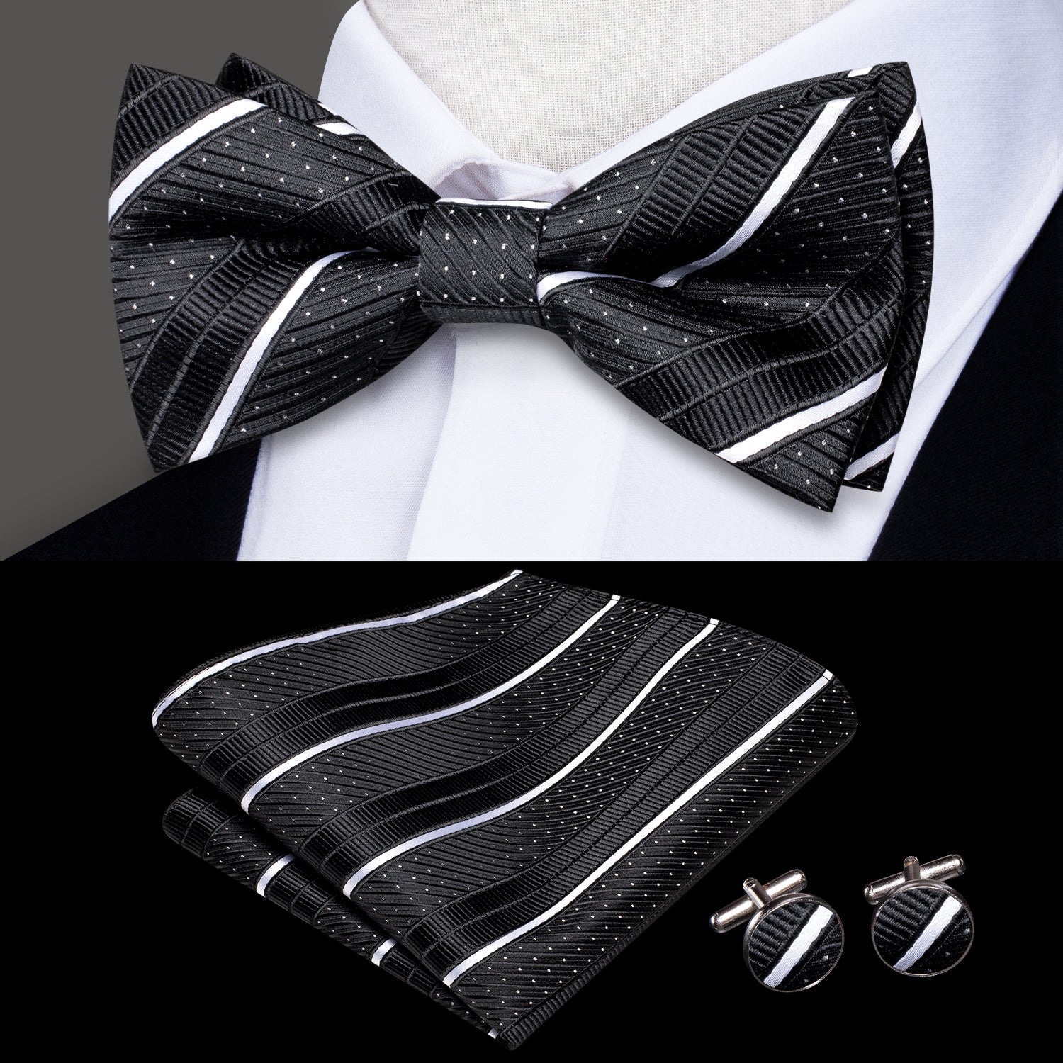 Black with White Strip Dot Silk Pre-tied Bow Tie Hanky Cufflinks Set