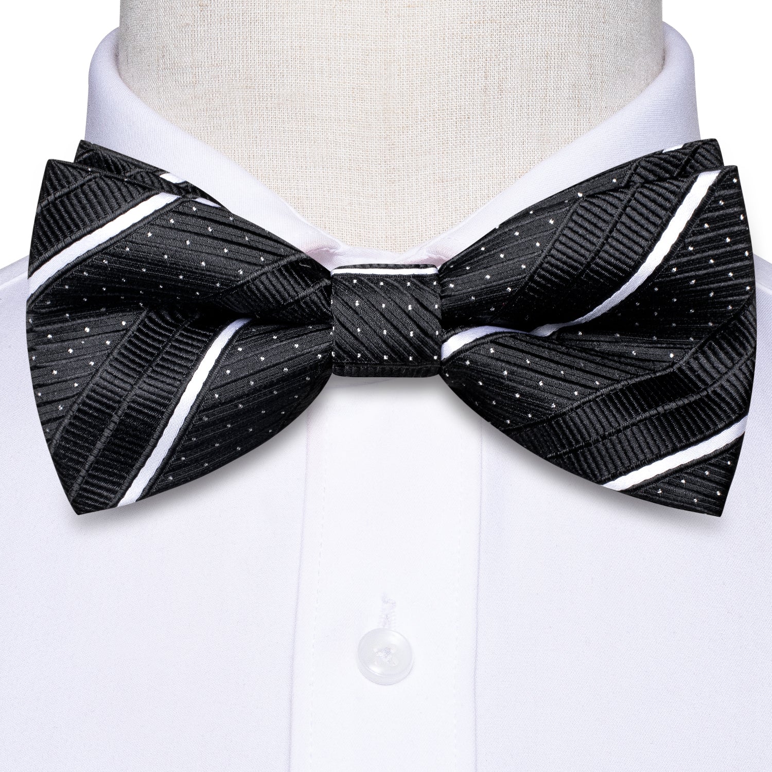 Black with White Strip Dot Silk Pre-tied Bow Tie Hanky Cufflinks Set