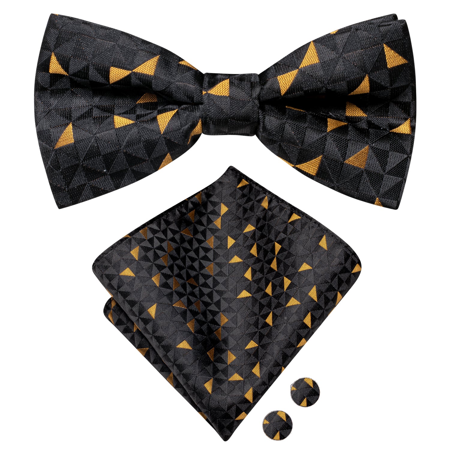 Black Golden Novelty Plaid Silk Pre-tied Bow Tie Hanky Cufflinks Set