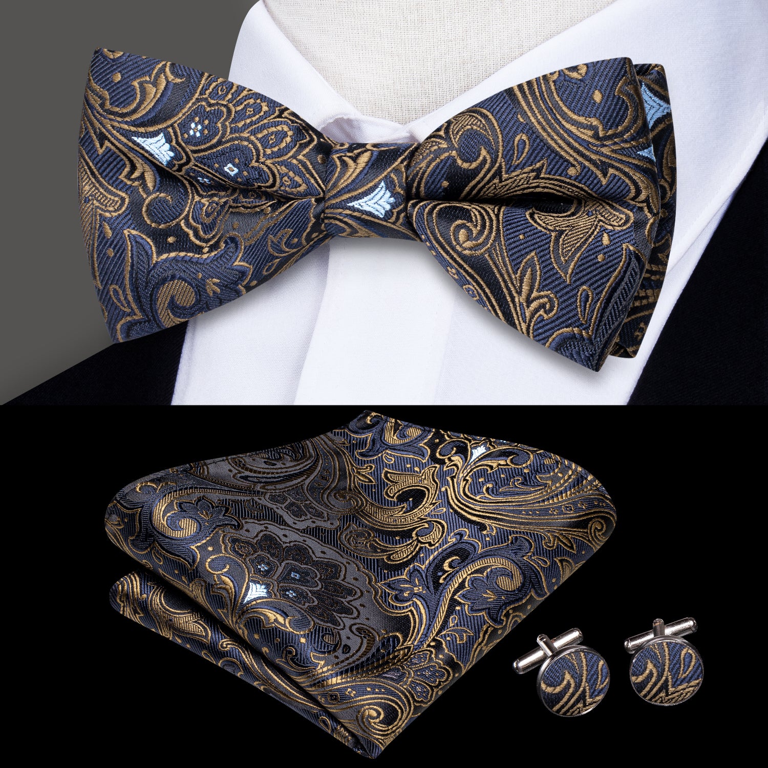 Navy Blue Golden Paisley Silk Pre-tied Bow Tie Hanky Cufflinks Set