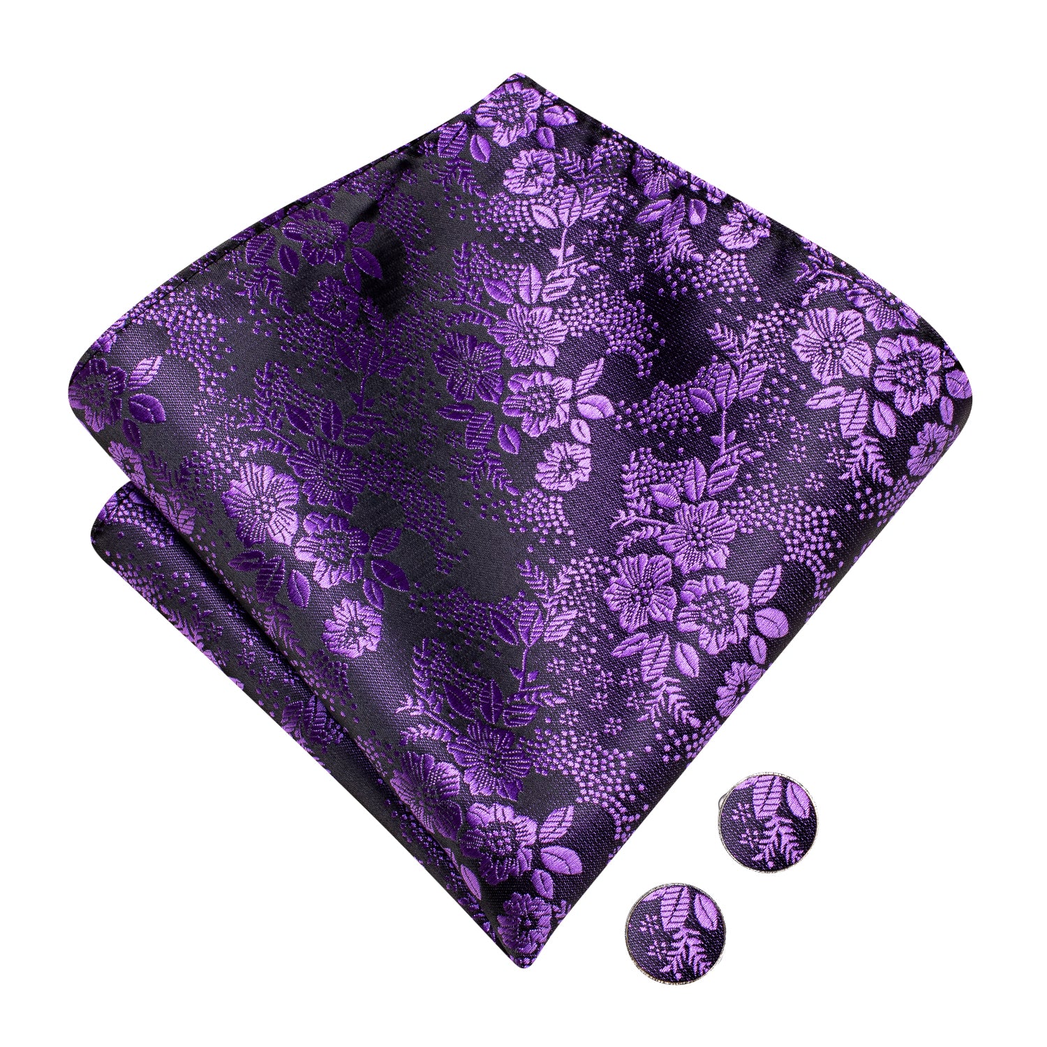 New Purple Floral Silk Pre-tied Bow Tie Hanky Cufflinks Set