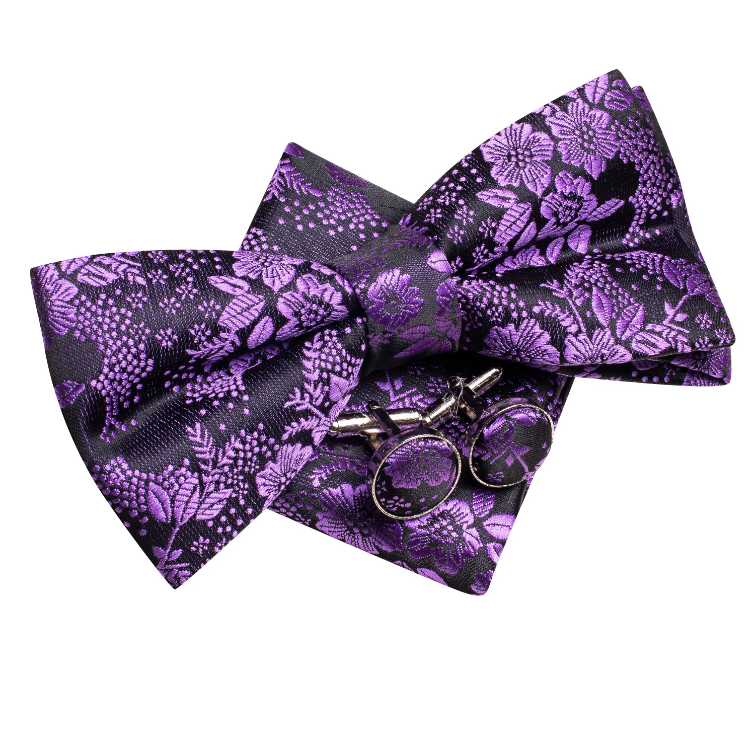Purple Floral Silk Pre-tied Bow Tie Hanky Cufflinks Set