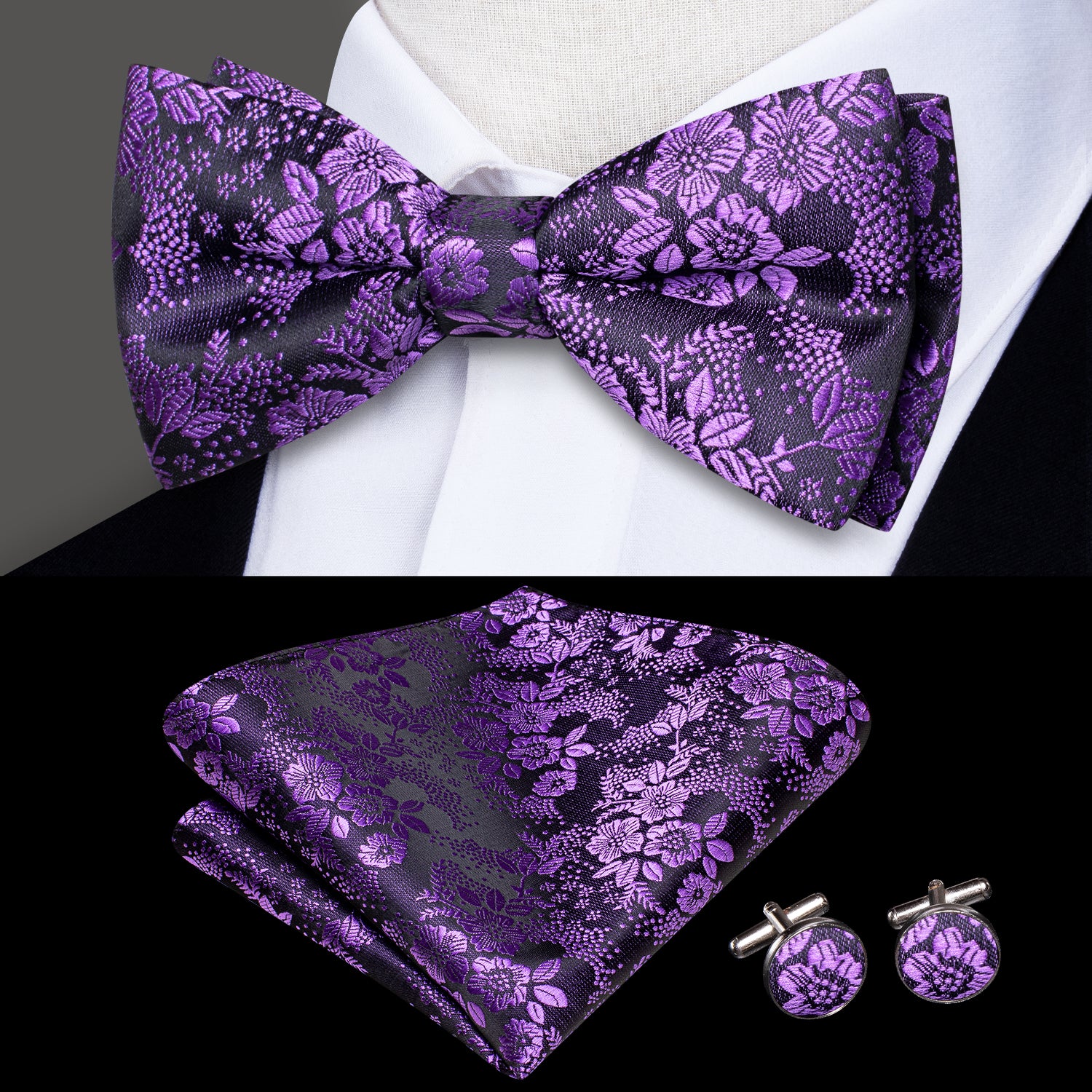 New Purple Floral Silk Pre-tied Bow Tie Hanky Cufflinks Set