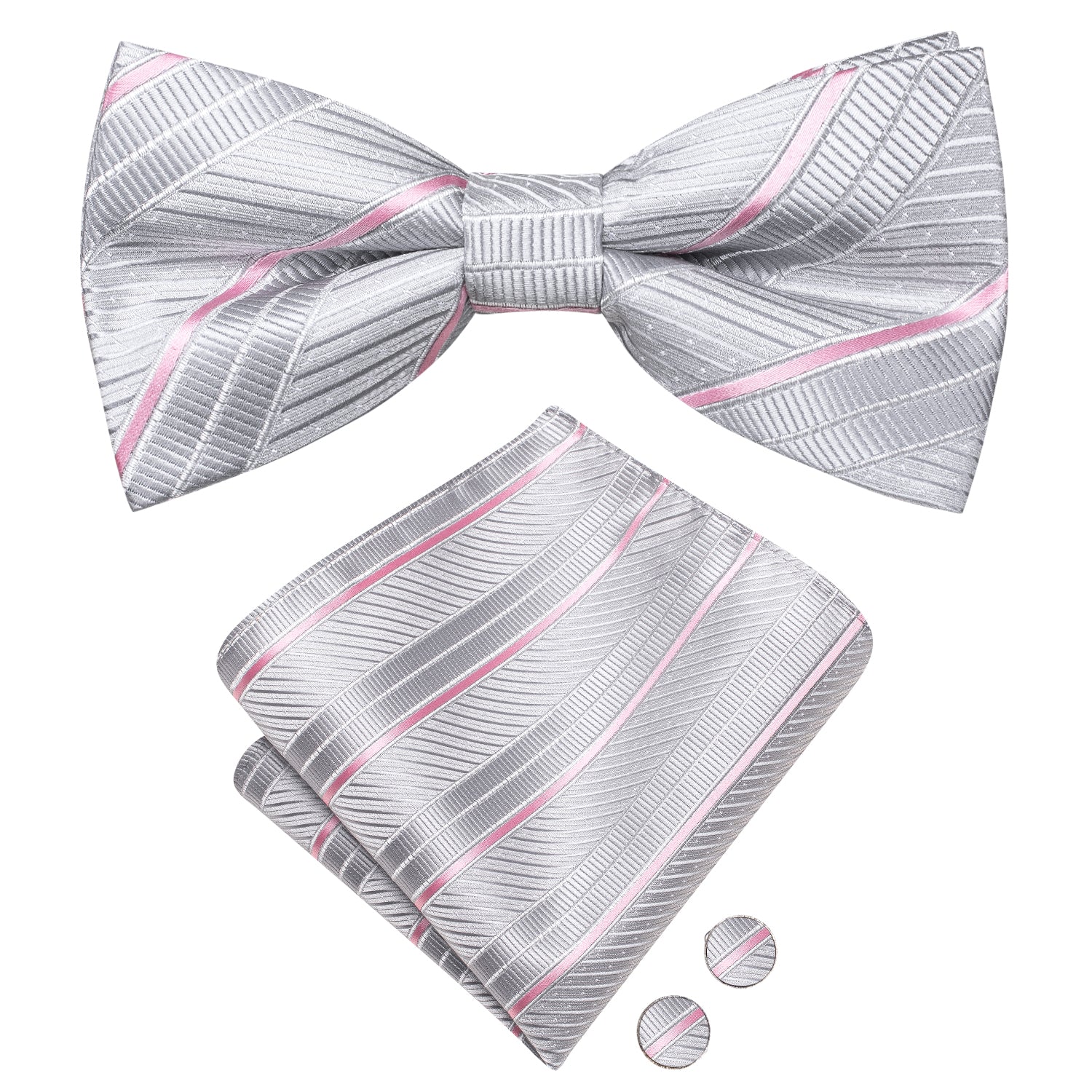 Sliver Pink Striped Silk Pre-tied Bow Tie Hanky Cufflinks Set