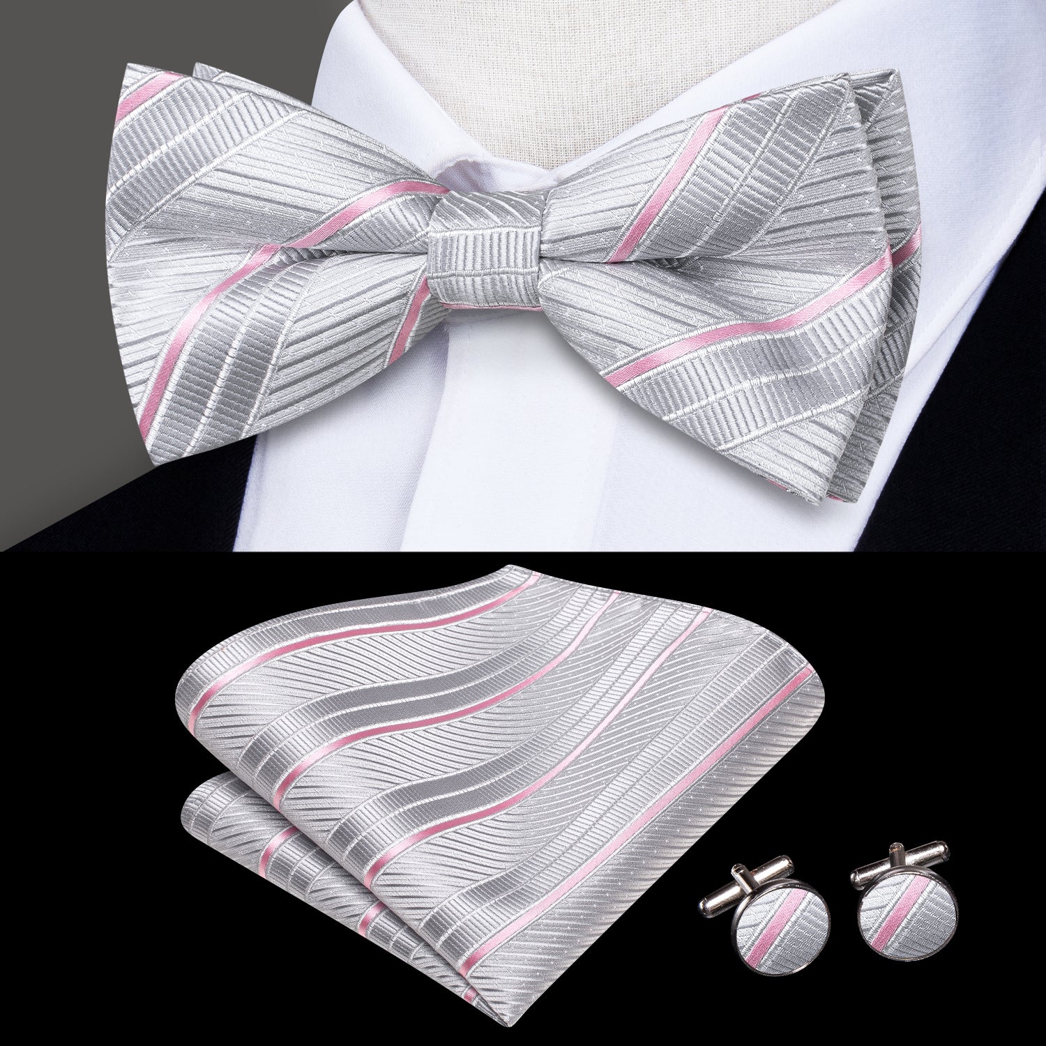 Sliver Pink Striped Silk Pre-tied Bow Tie Hanky Cufflinks Set