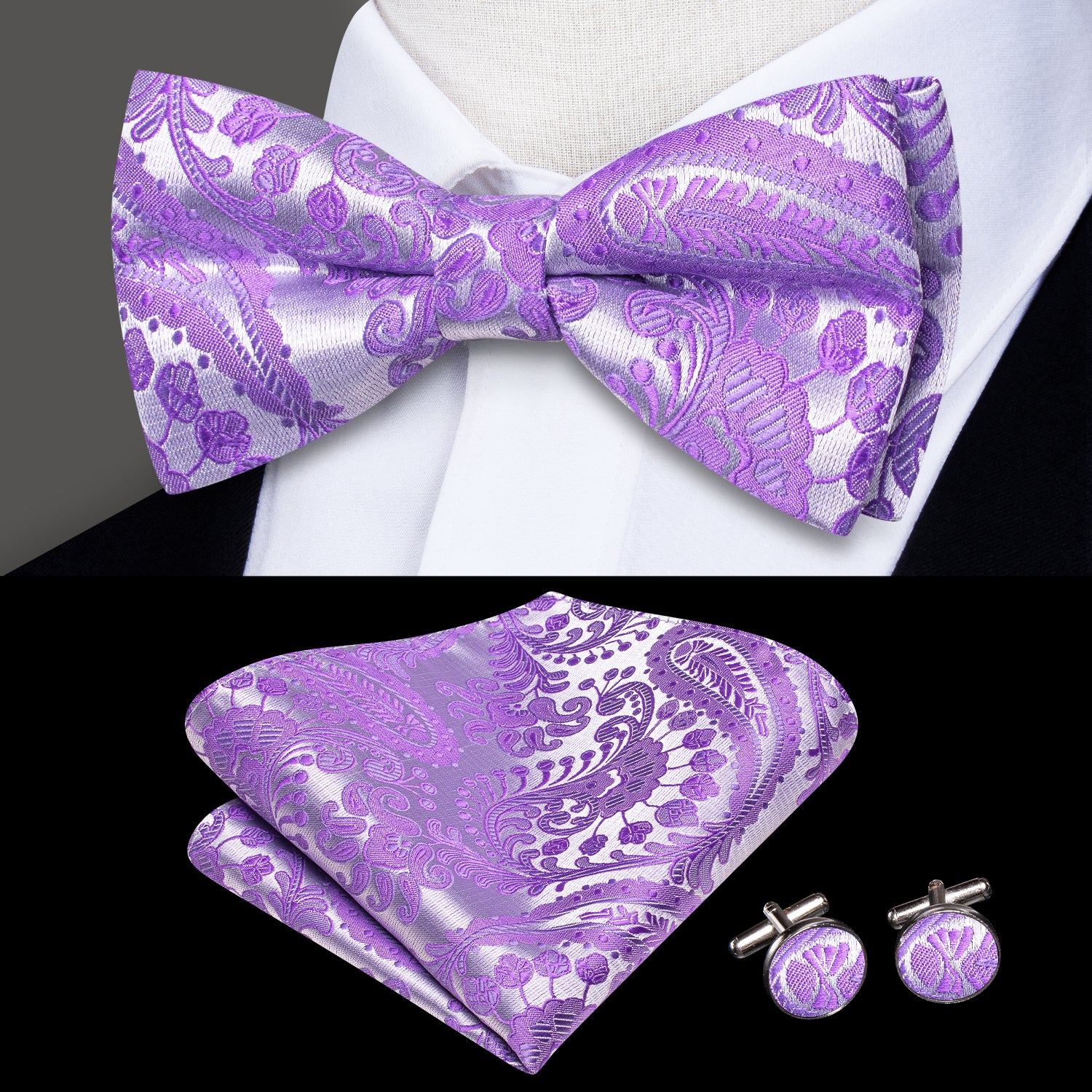 Sliver Purple Paisley Silk Pre-tied Bow Tie Hanky Cufflinks Set