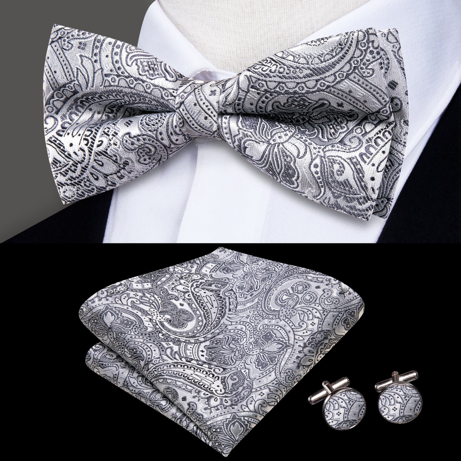 Grey Black Paisley Silk Pre-tied Bow Tie Hanky Cufflinks Set