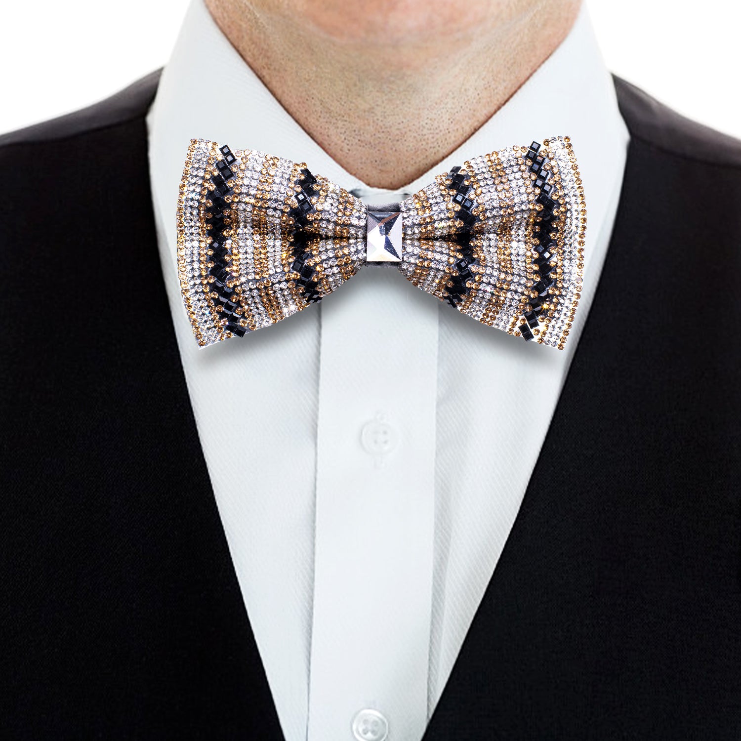 Luxury Golden Black White Shining Rhinestone Pre-tied Adjustable Length Bow Tie