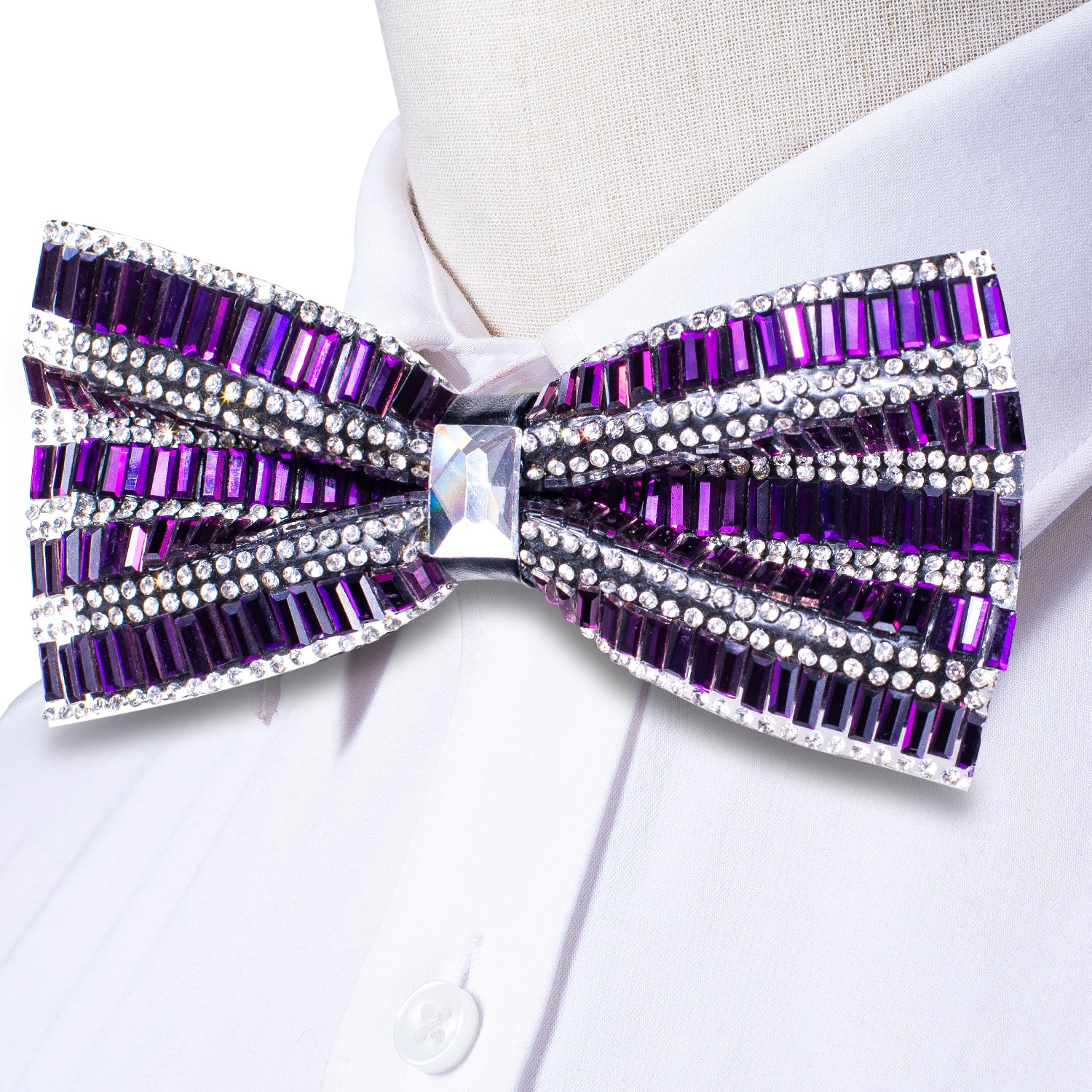 Purple White Shining Rhinestone Pre-tied Adjustable Length Bow Tie