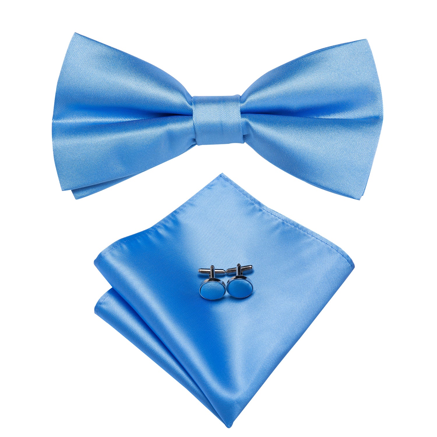 Sky Blue Plain Pre-tied Bow Tie Hanky Cufflinks Set