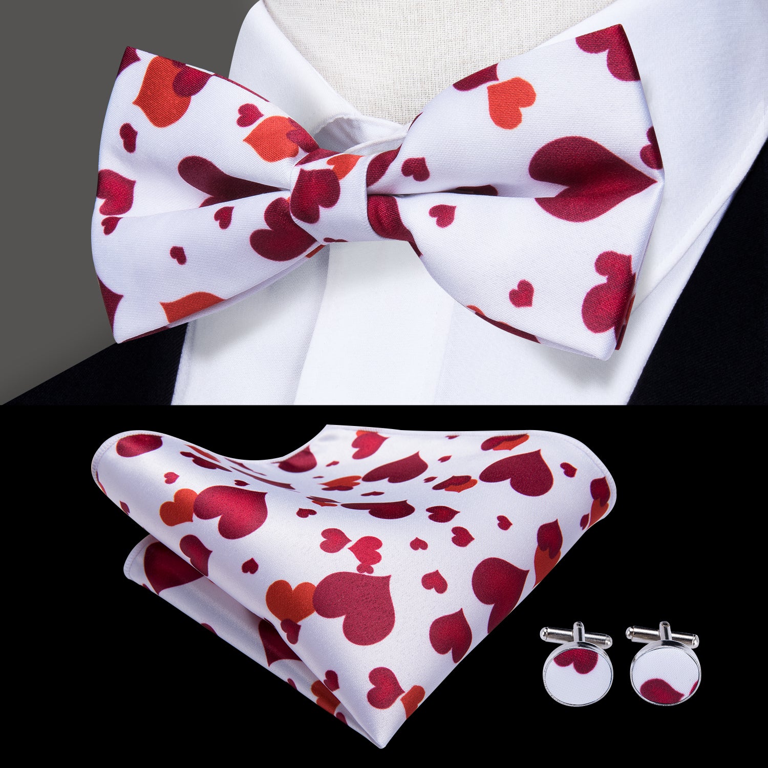 Red Heart Novelty Pre-tied Bow Tie Hanky Cufflinks Pin Set