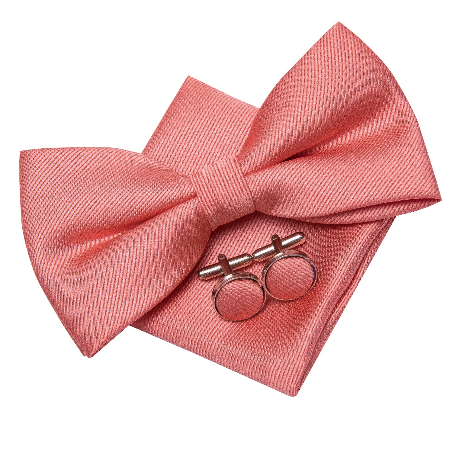 Coral Solid Pre-tied Bow Tie Hanky Cufflinks Pin Set