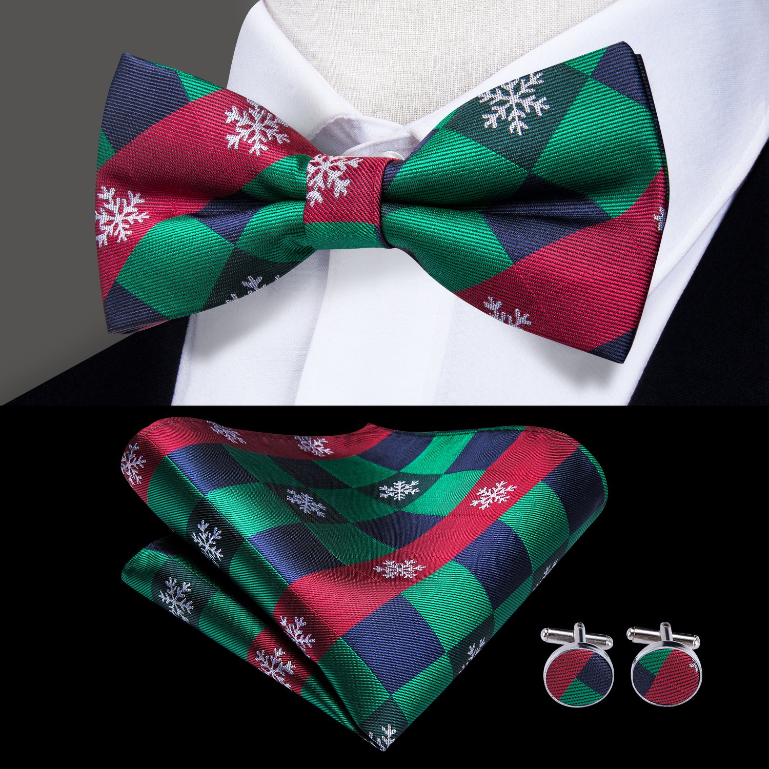 Green and Red Snow Christmas Pre-tied Bow Tie Hanky Cufflinks Set