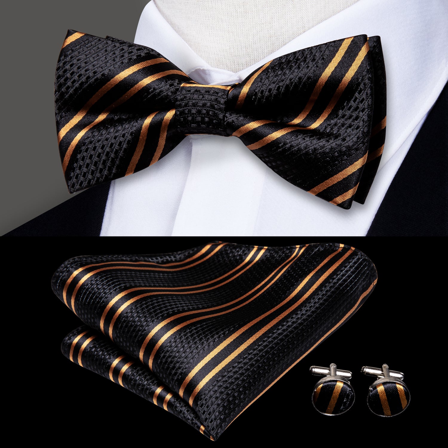 Black Golden Striped Pre-tied Bow Tie Hanky Cufflinks Set