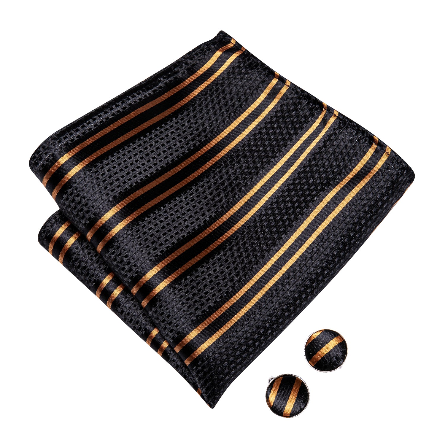 Black Golden Striped Pre-tied Bow Tie Hanky Cufflinks Set