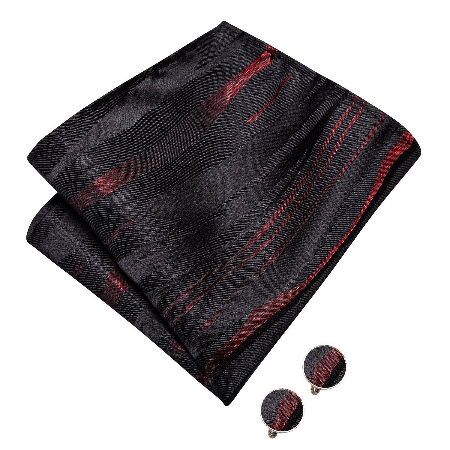 Black Red Striped Pre-tied Bow Tie Hanky Cufflinks Set