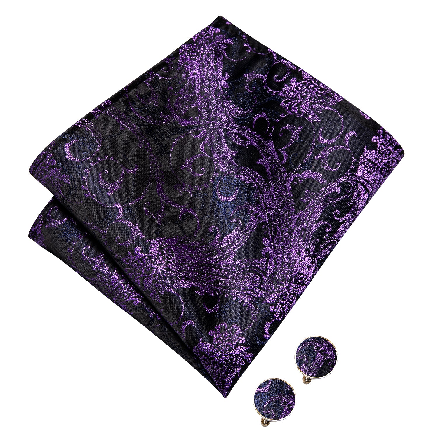 Black Purple Blue Paisley Pre-tied Bow Tie Hanky Cufflinks Set
