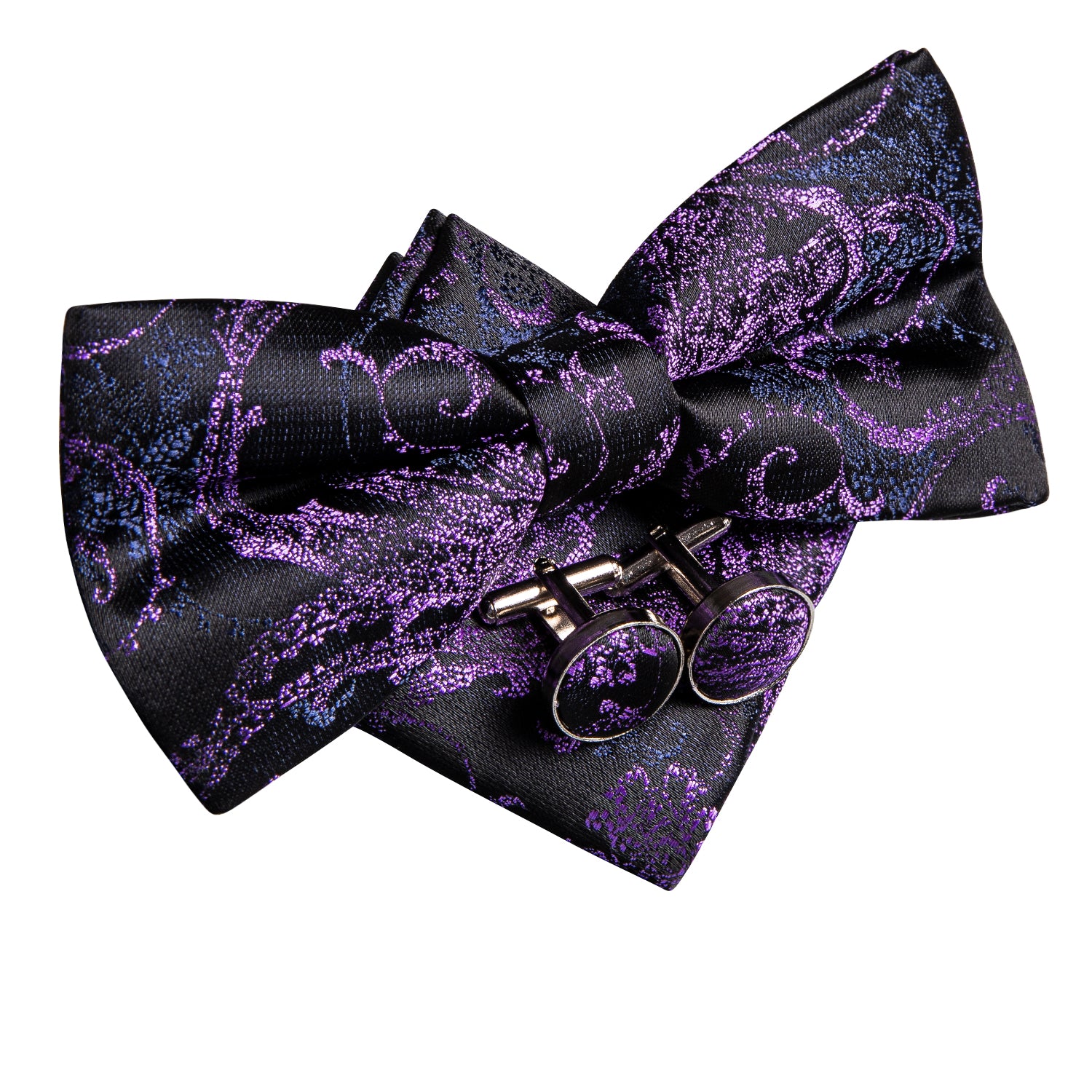 Black Purple Blue Paisley Pre-tied Bow Tie Hanky Cufflinks Set