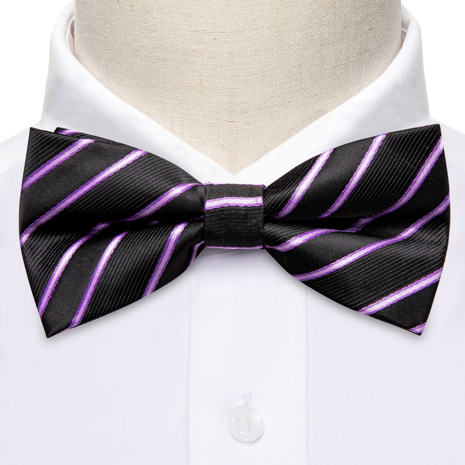 Black Purple Striped Paisley Pre-tied Bow Tie Hanky Cufflinks Set