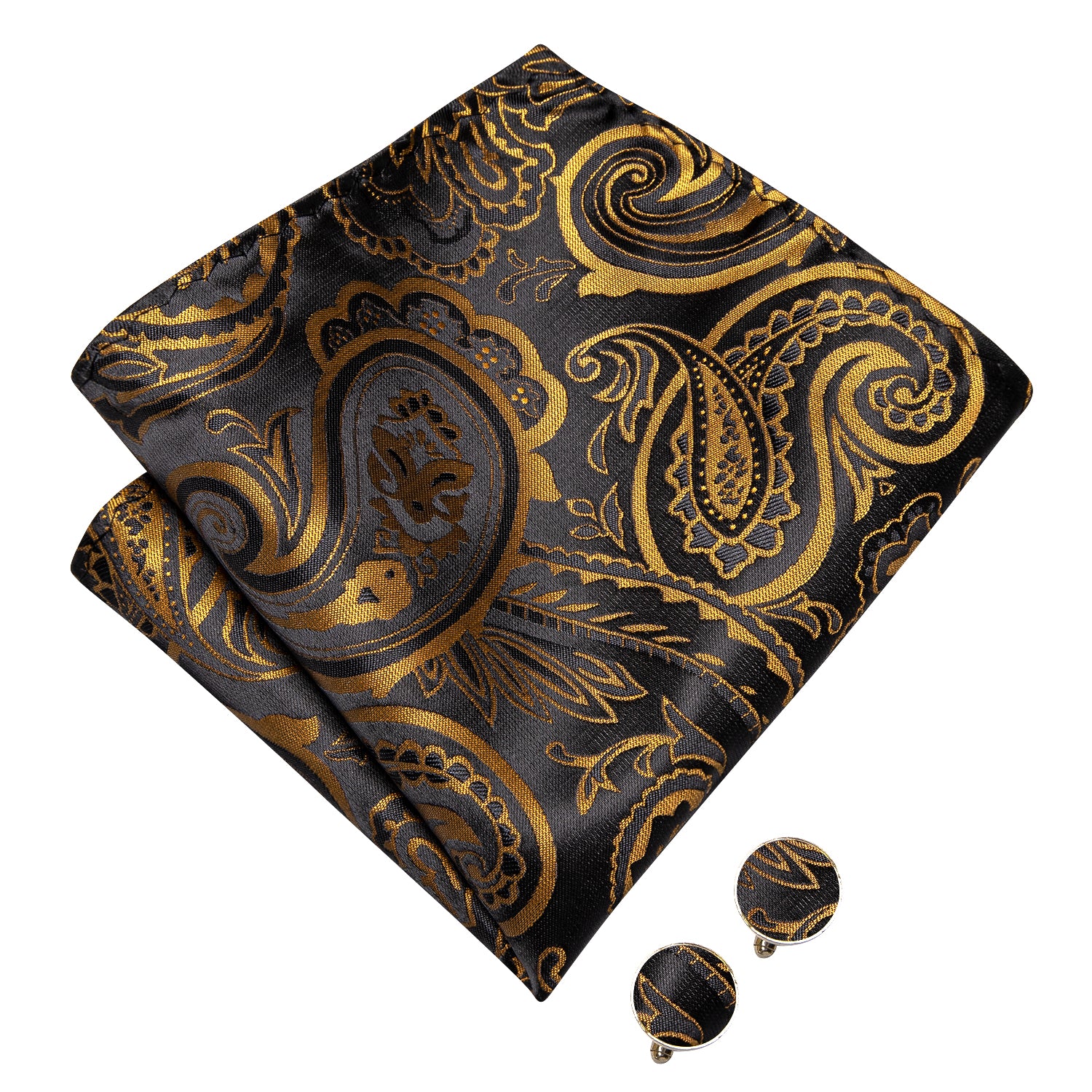 Black Golden Paisley Pre-tied Bow Tie Hanky Cufflinks Set