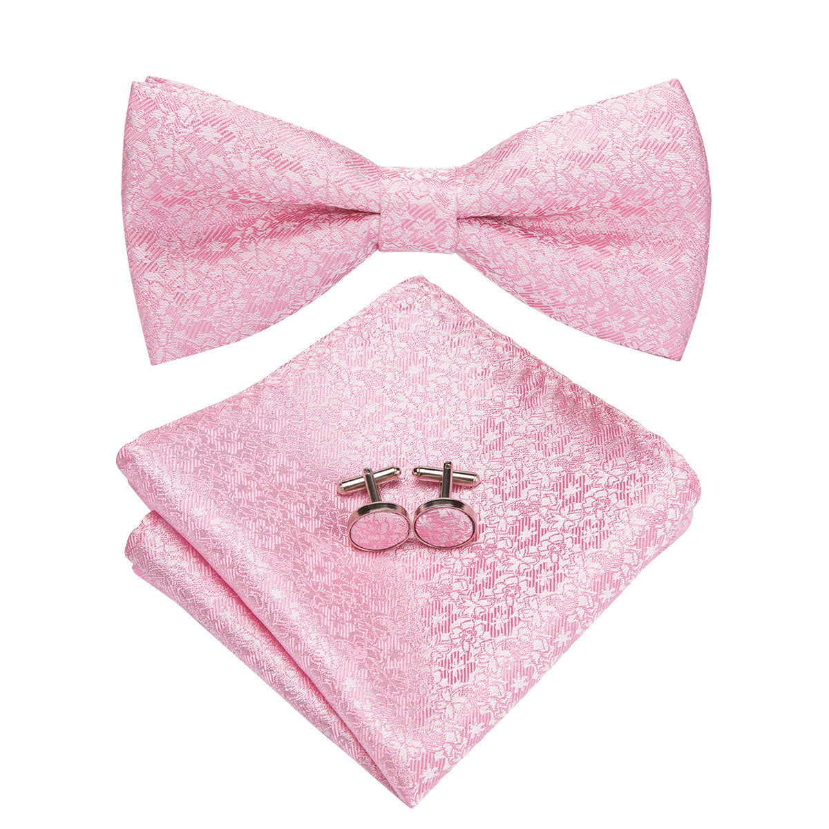 White Pink Floral Pre-tied Bow Tie Hanky Cufflinks Set