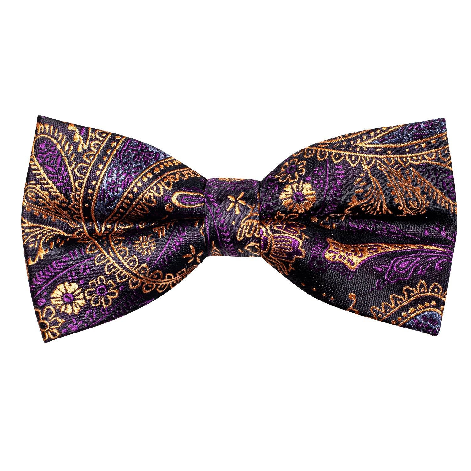 Purple Golden Paisley Silk Pre-tied Bow Tie Hanky Cufflinks Set
