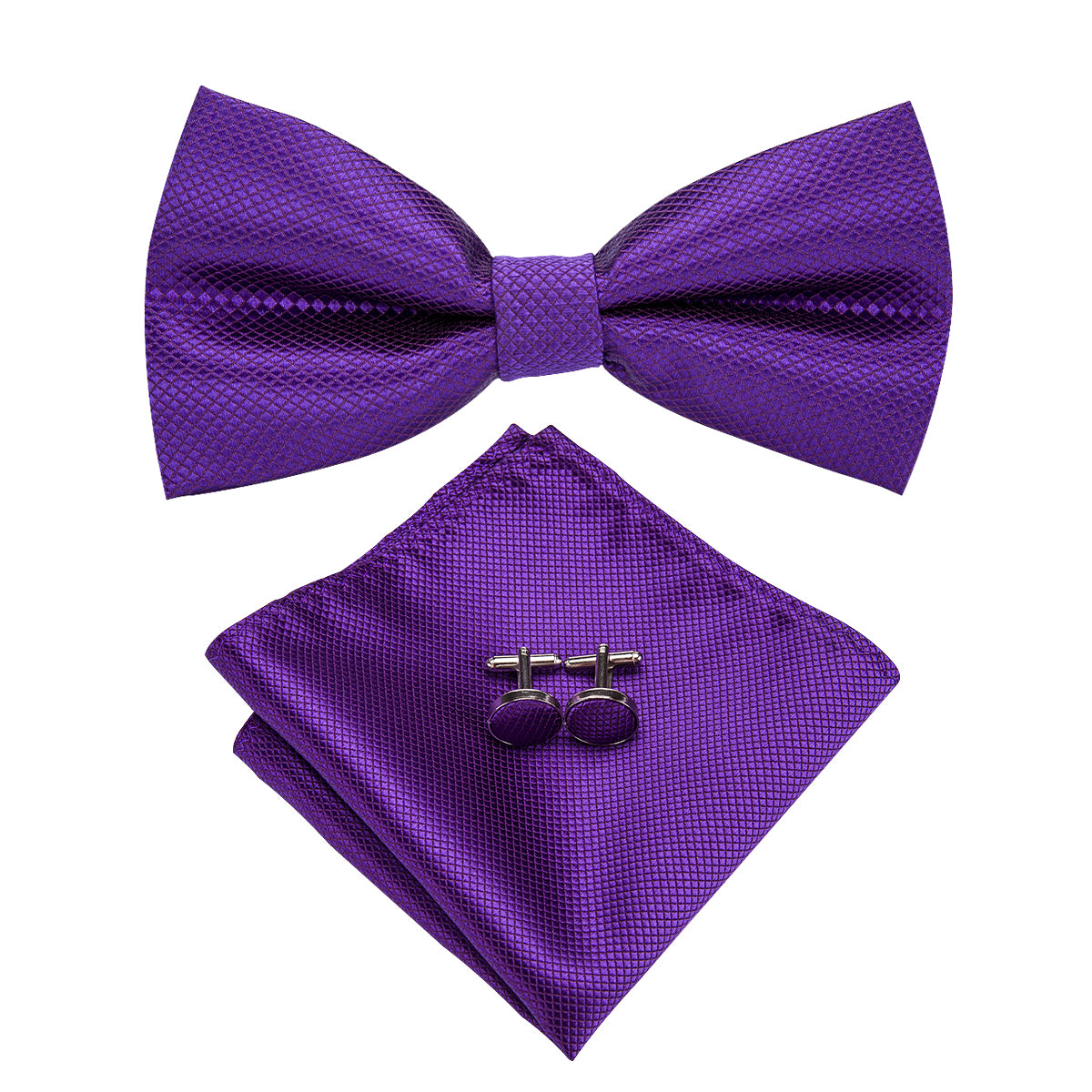 Solid Purple Pre-tied Bow Tie Hanky Cufflinks Set