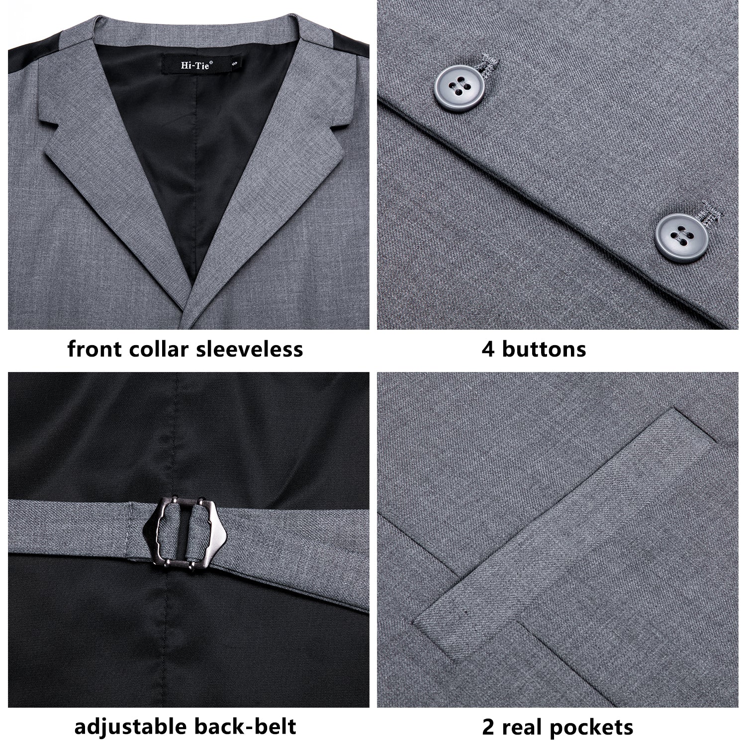Grey Solid Men's Vest Hanky Cufflinks Tie Set Waistcoat Suit Set