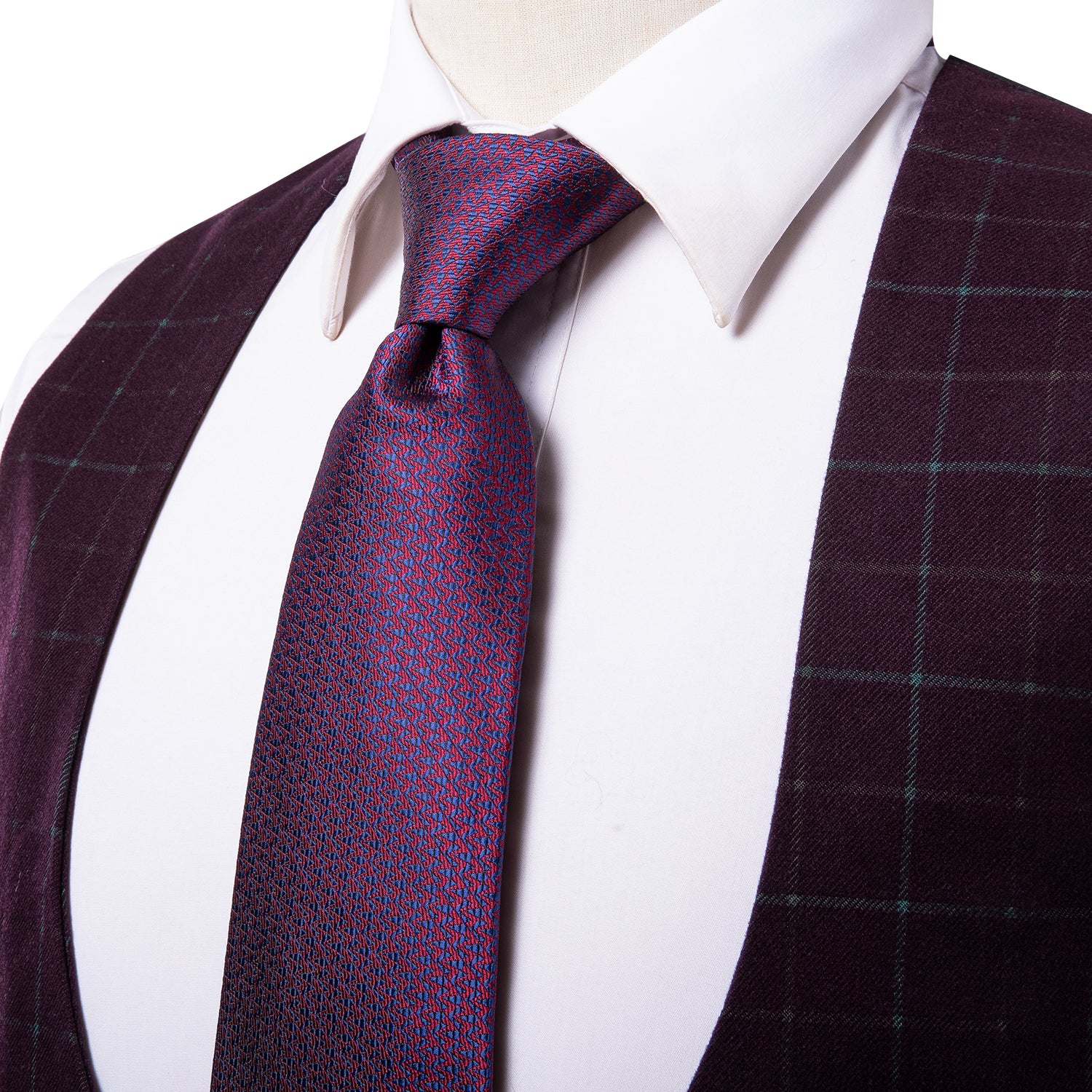 Burgundy Plaid Men's Vest Hanky Cufflinks Tie Set Waistcoat Suit Set