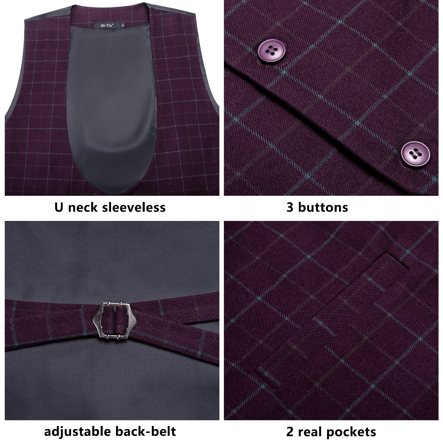 Clearance Sale Burgundy Plaid Men's Vest Hanky Cufflinks Tie Set Waistcoat Suit Set