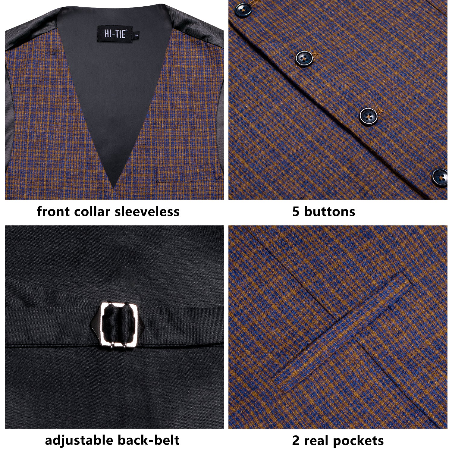 Blue Golden Plaid Wool Men's Single Vest Waistcoat