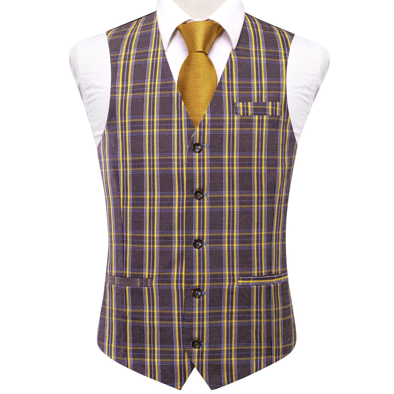 New Brown Yellow Plaid Silk Men's Single Vest Waistcoat