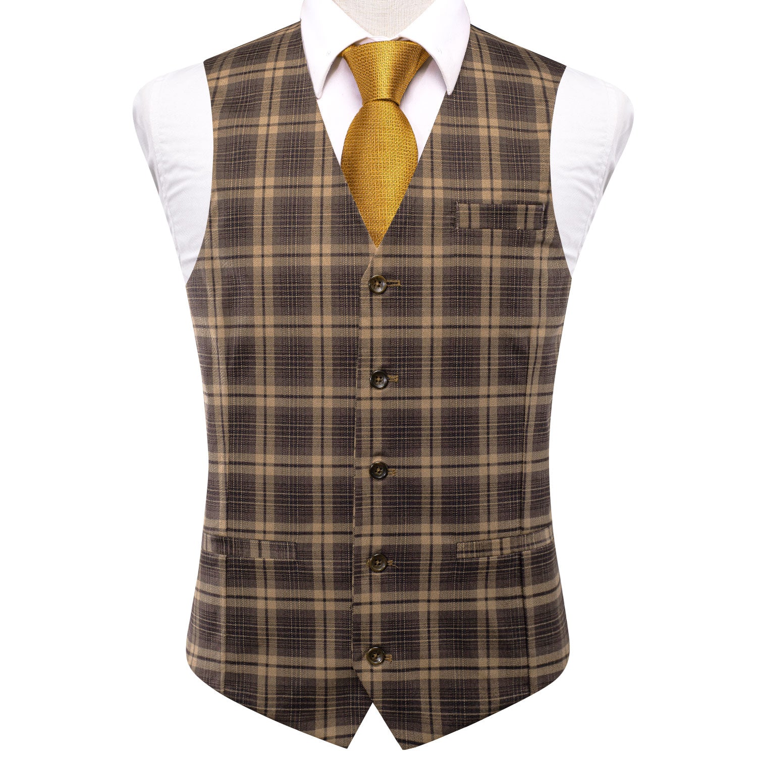 New Brown Yellow Plaid Silk England Style Men's Single Vest Waistcoat