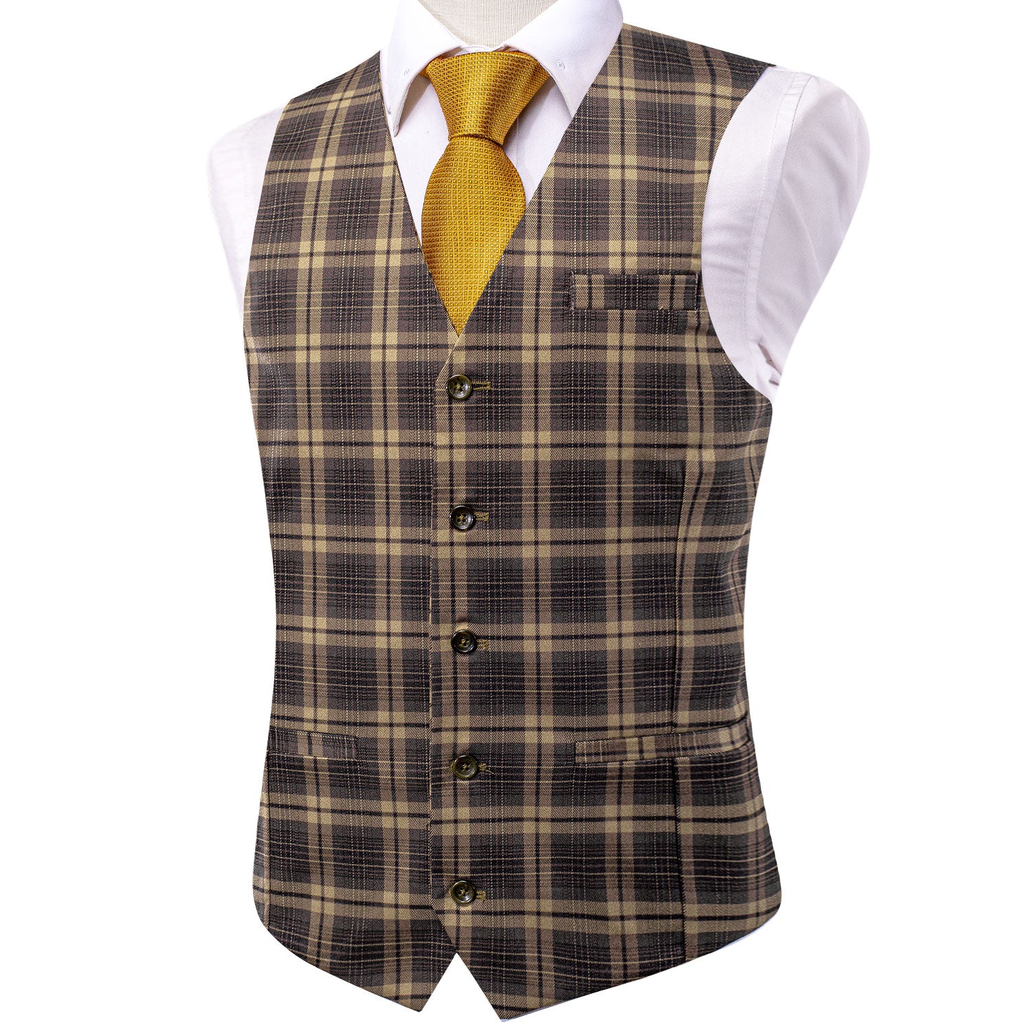 New Brown Yellow Plaid Silk England Style Men's Single Vest Waistcoat