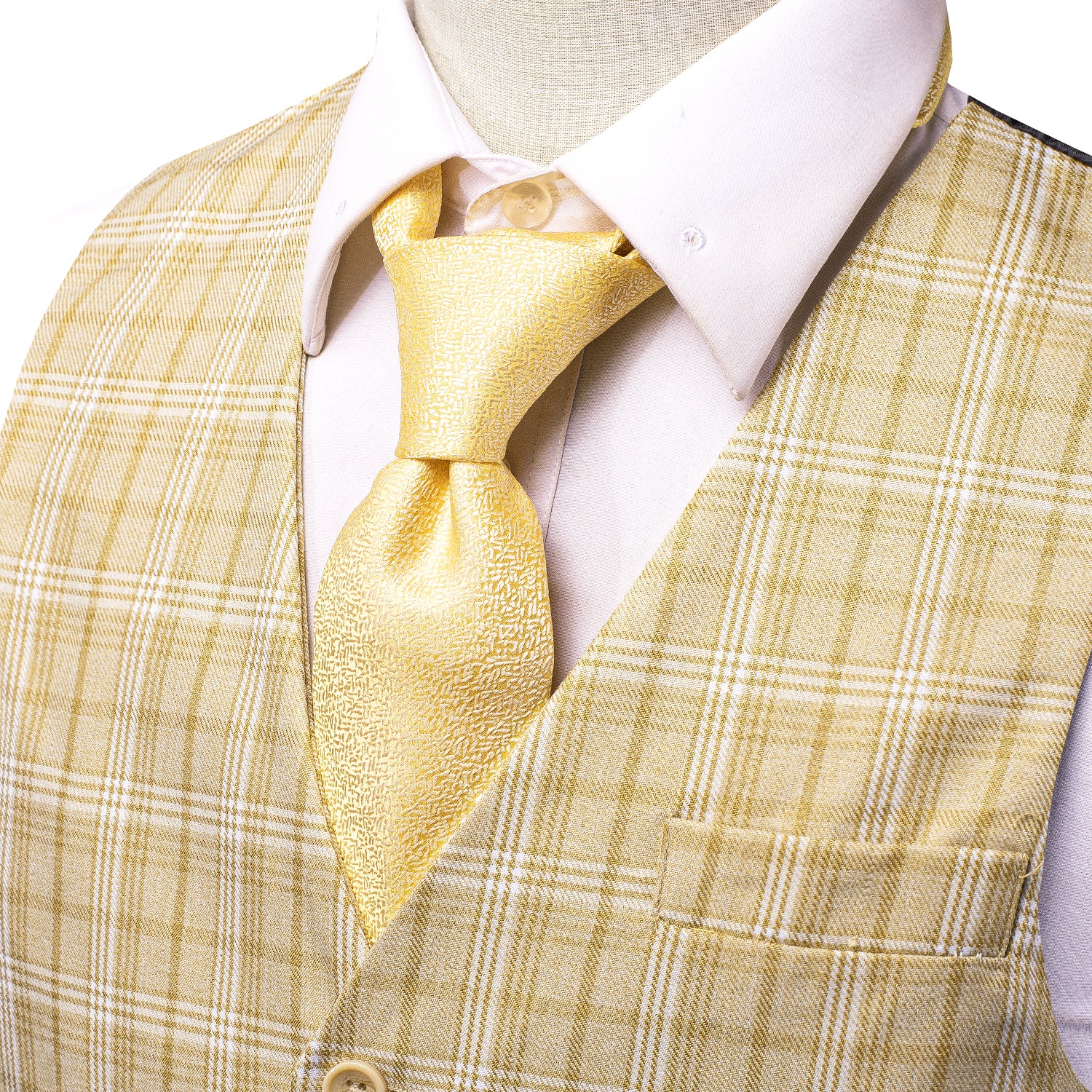 Light Yellow White Plaid Silk England Style Men's Single Vest Waistcoat