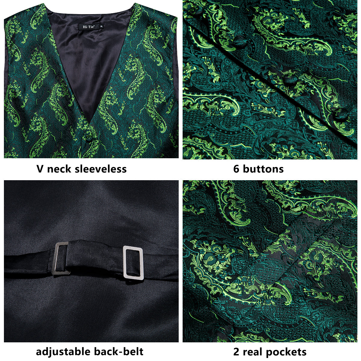 Green Yellow Paisley Silk Men's Vest Hanky Cufflinks Tie Set Waistcoat Suit Set