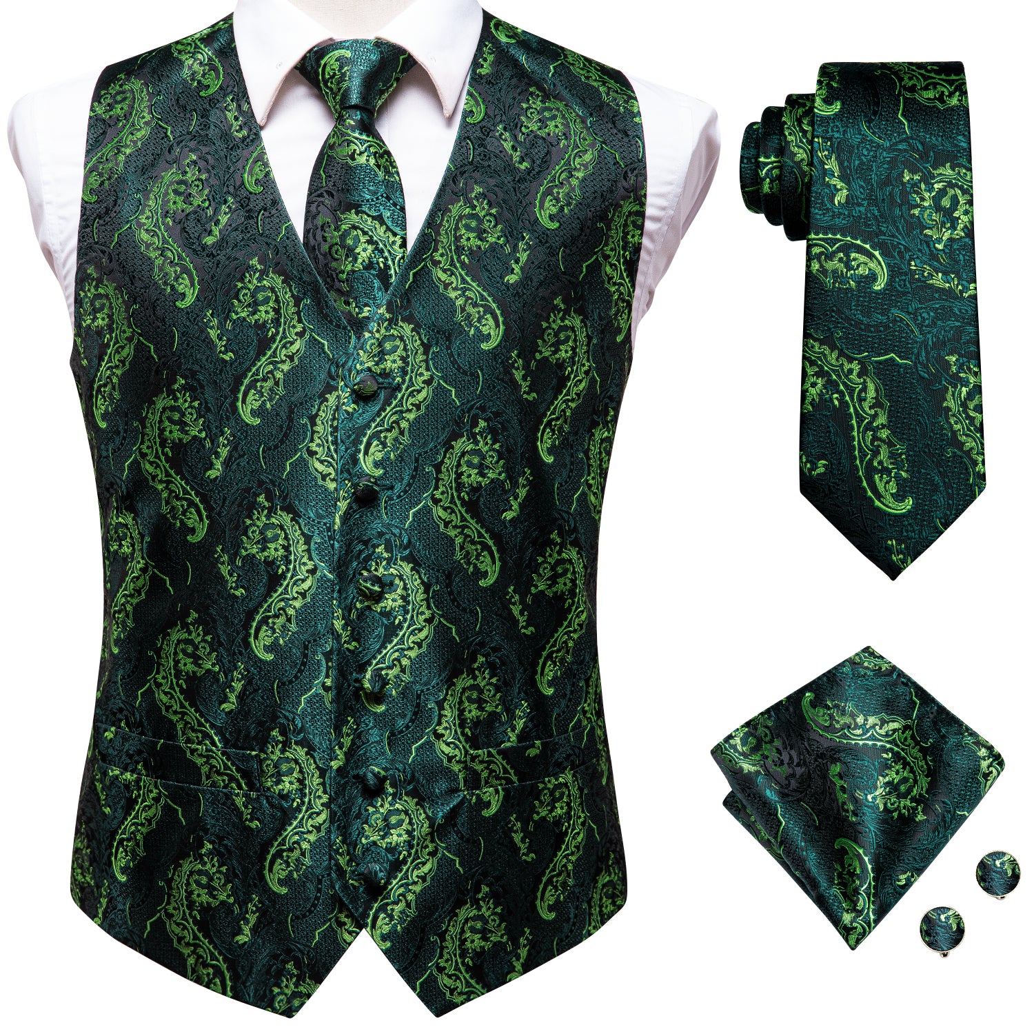 Green Yellow Paisley Silk Men's Vest Hanky Cufflinks Tie Set Waistcoat Suit Set